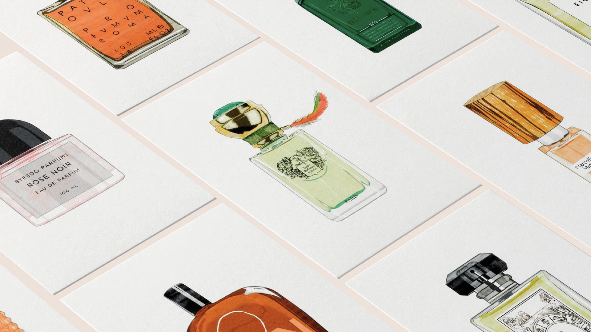 <span>Mockup de las ilustraciones de diferentes perfumes para presentar la campa&ntilde;a de presentaci&oacute;n de perfumes de autor de SANTA EULALIA. Dise&ntilde;ado por el estudio esiete de branding y comunicaci&oacute;n de Barcelona.</span>