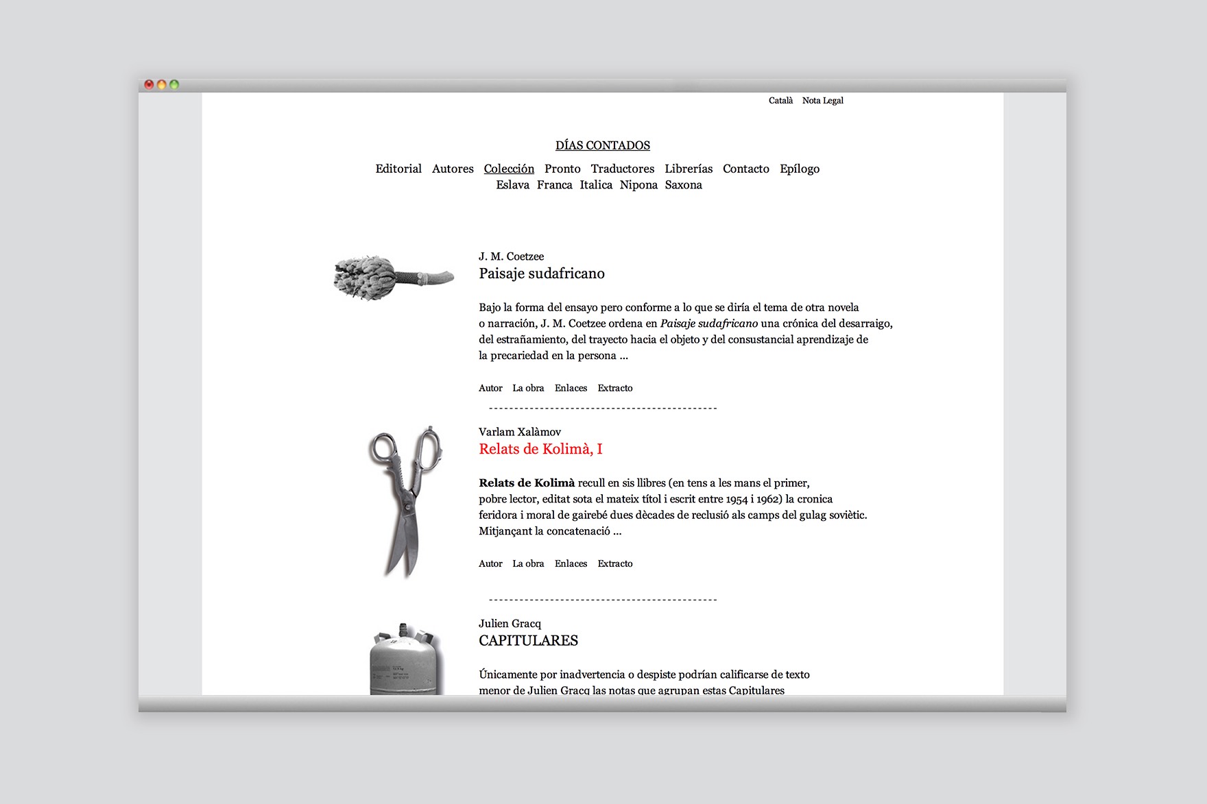 Dise&ntilde;o de la p&aacute;gina de Colecciones del sitio web de la revista D&Iacute;AS CONTADOS. incluye t&iacute;tulos como &ldquo;Paisaje sudafricano&rdquo; con el nombre del autor y la miniatura correspondiente. Dise&ntilde;ado por el estudio de branding y comunicaci&oacute;n esiete y programado por sevenap.