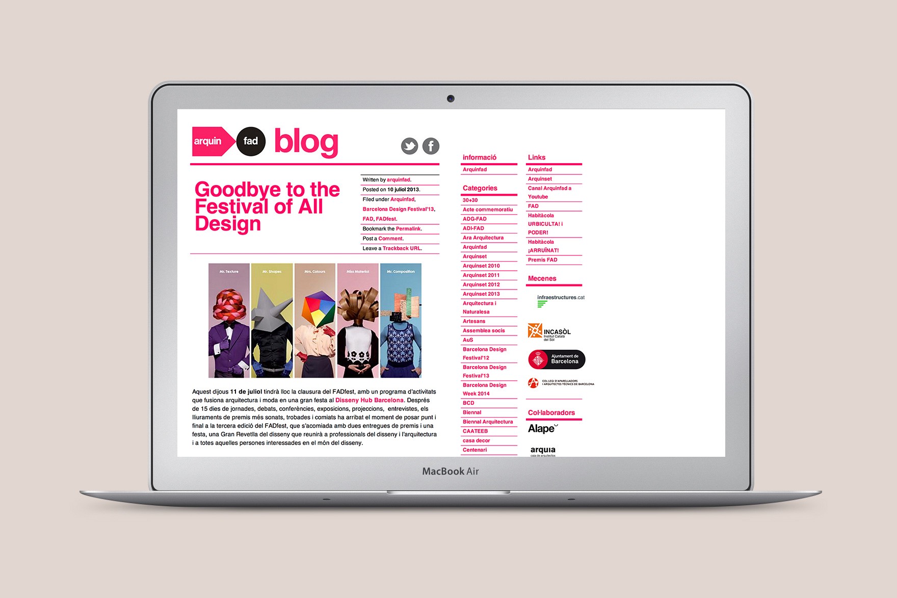 Disseny de la p&agrave;gina d'inici de la web d'AQUINFAD. Inclou maquetaci&oacute; d'estil su&iacute;s amb text rosa i negre, article &ldquo;Ad&eacute;u al festival de tot disseny&rdquo;, categories, enlla&ccedil;os, patrocinadors, etc. Web dissenyada per l'estudi de marca i comunicaci&oacute; esiete i programada per sevenap.