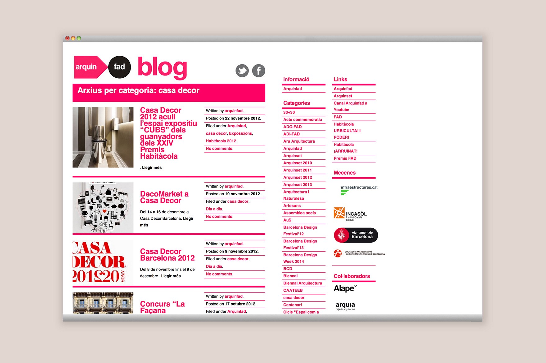Categoria de decoraci&oacute; de casa de la web d'AQUINFAD. Inclou maquetaci&oacute; d'estil su&iacute;s amb text rosa i negre, diferents exposicions amb les seves fotos, categories, enlla&ccedil;os, patrocinadors, etc. Web dissenyada per l'estudi de marca i comunicaci&oacute; esiete i programada per sevenap.