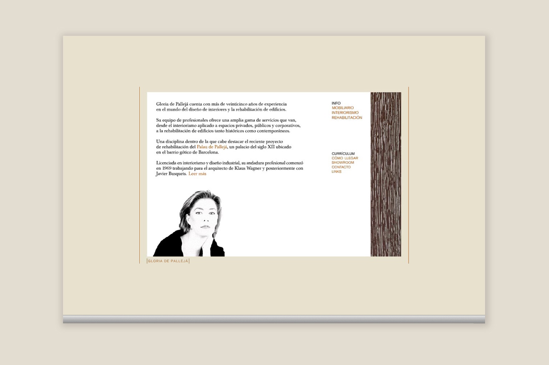 Secci&oacute;n INFORMACI&Oacute;N de la web de GLORIA DE PALLEJ&Aacute;. Incluye una textura de madera y una ilustraci&oacute;n de mujer. Web dise&ntilde;ada por el estudio de branding y comunicaci&oacute;n esiete y programada por sevenap.