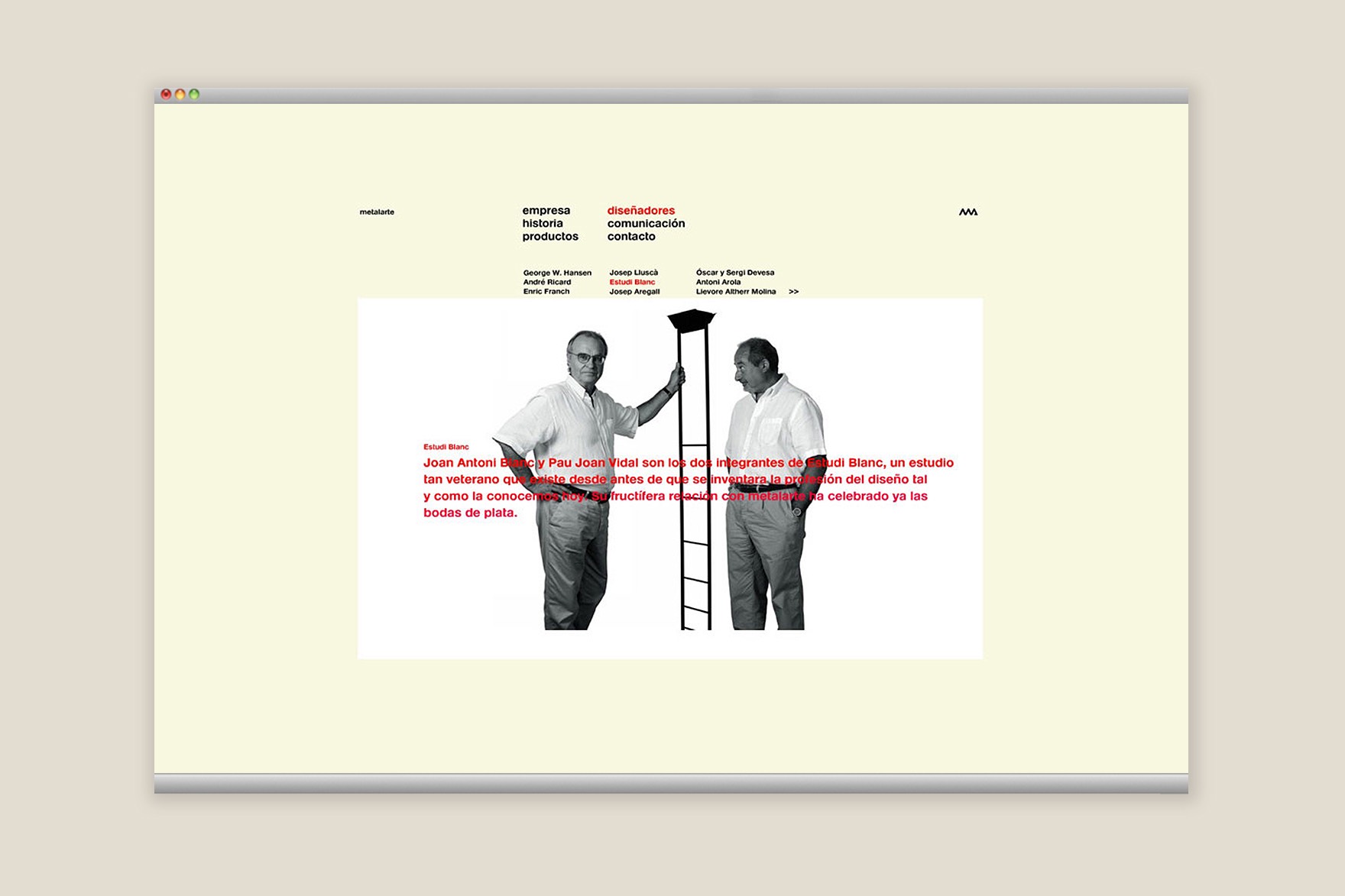 P&aacute;gina del equipo DISE&Ntilde;ADORES de la web de METALARTE. Incluye imagen en blanco y negro de 2 hombres y una tipograf&iacute;a roja encima. Web dise&ntilde;ada por el estudio de branding y comunicaci&oacute;n Esiete y programada por sevenap.