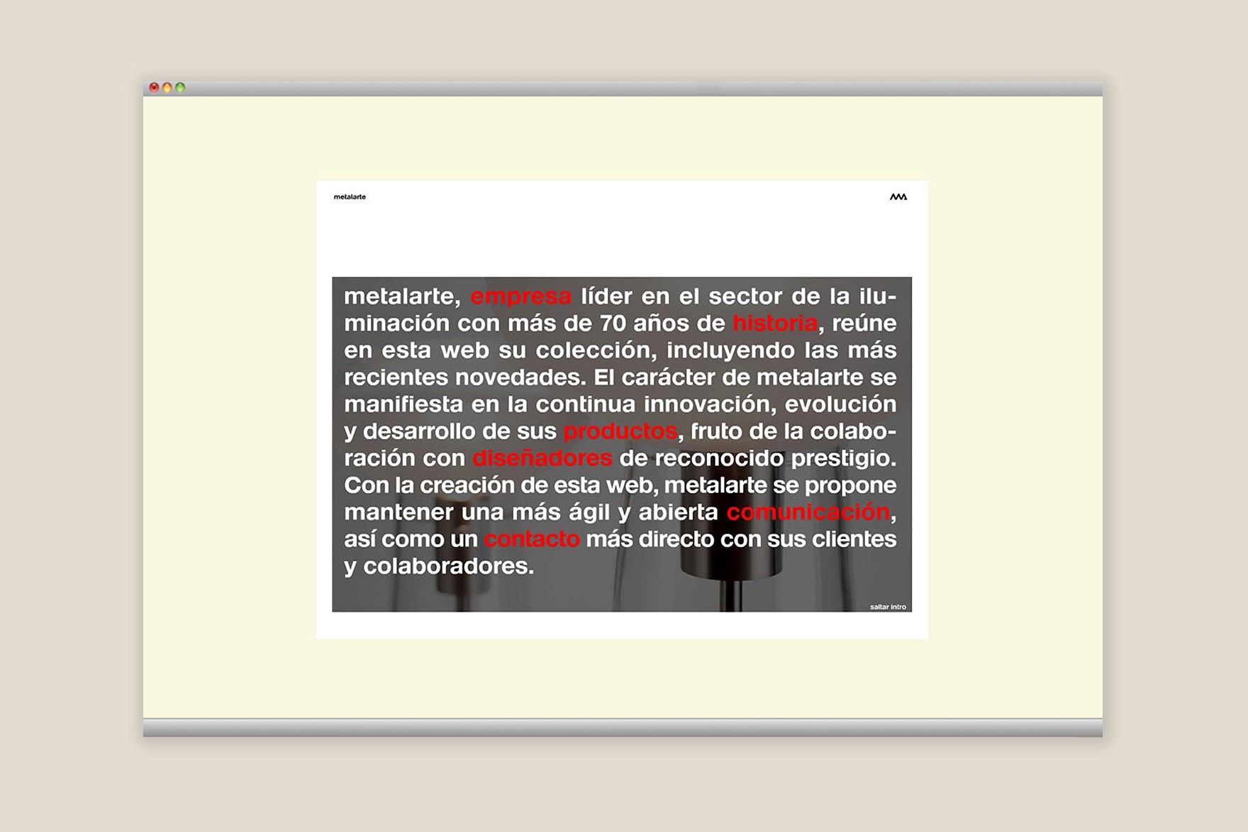 Dise&ntilde;o de la p&aacute;gina &ldquo;Acerca de&rdquo; de la web de METALARTE. Web dise&ntilde;ada por el estudio de branding y comunicaci&oacute;n Esiete y programada por sevenap.