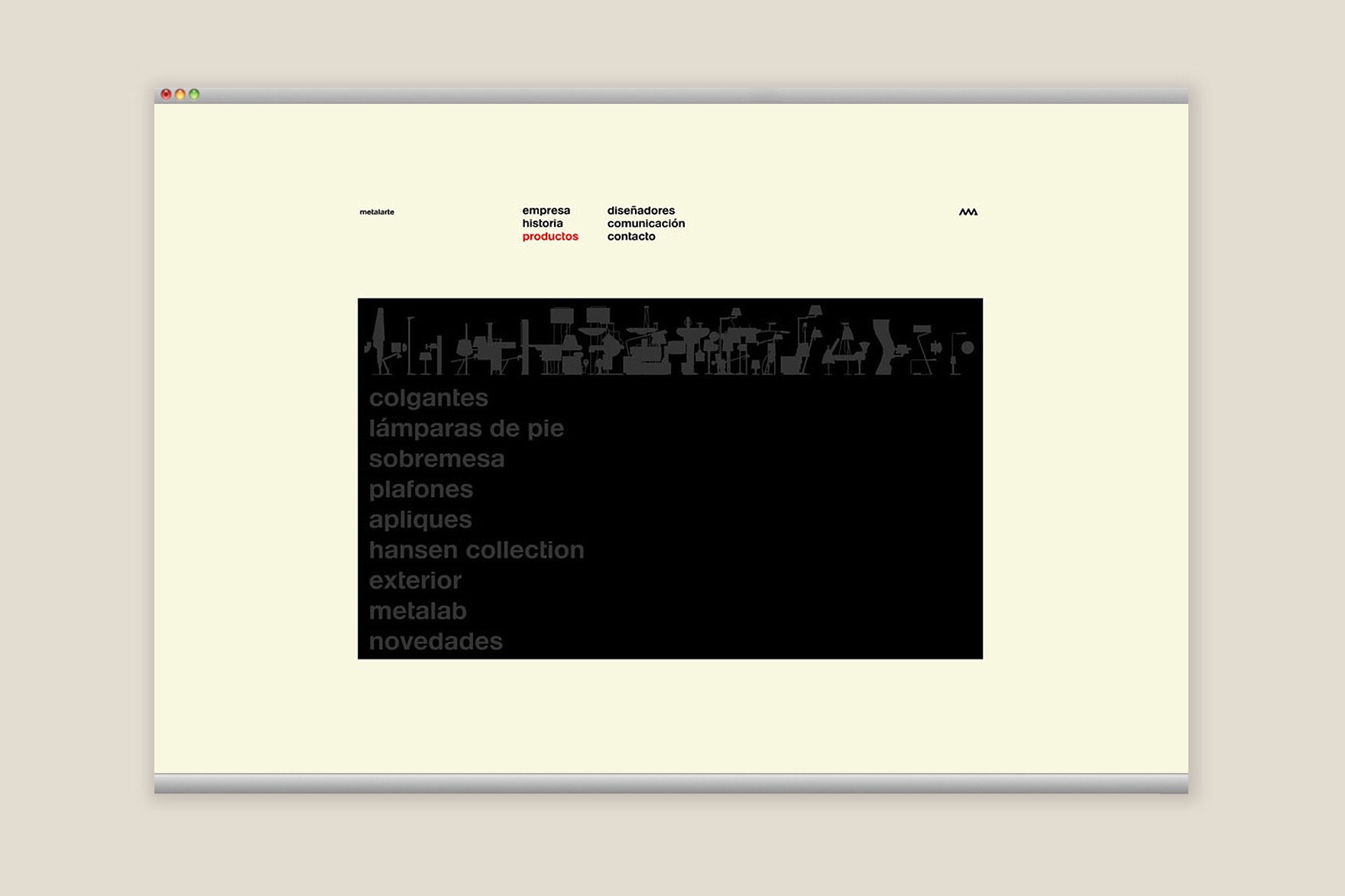 Dise&ntilde;o de la p&aacute;gina PRODUCTOS de la web de METALARTE. Incluye categor&iacute;as de productos sobre fondo negro. Web dise&ntilde;ada por el estudio de branding y comunicaci&oacute;n Esiete y programada por sevenap.