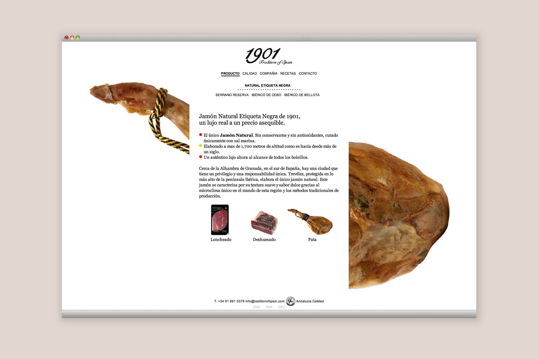 Secci&oacute;n PRODUCTO de la web 1901 TRADICI&Oacute;N DE ESPA&Ntilde;A. Dise&ntilde;ada por el estudio de branding y comunicaci&oacute;n esiete y programada por sevenap.