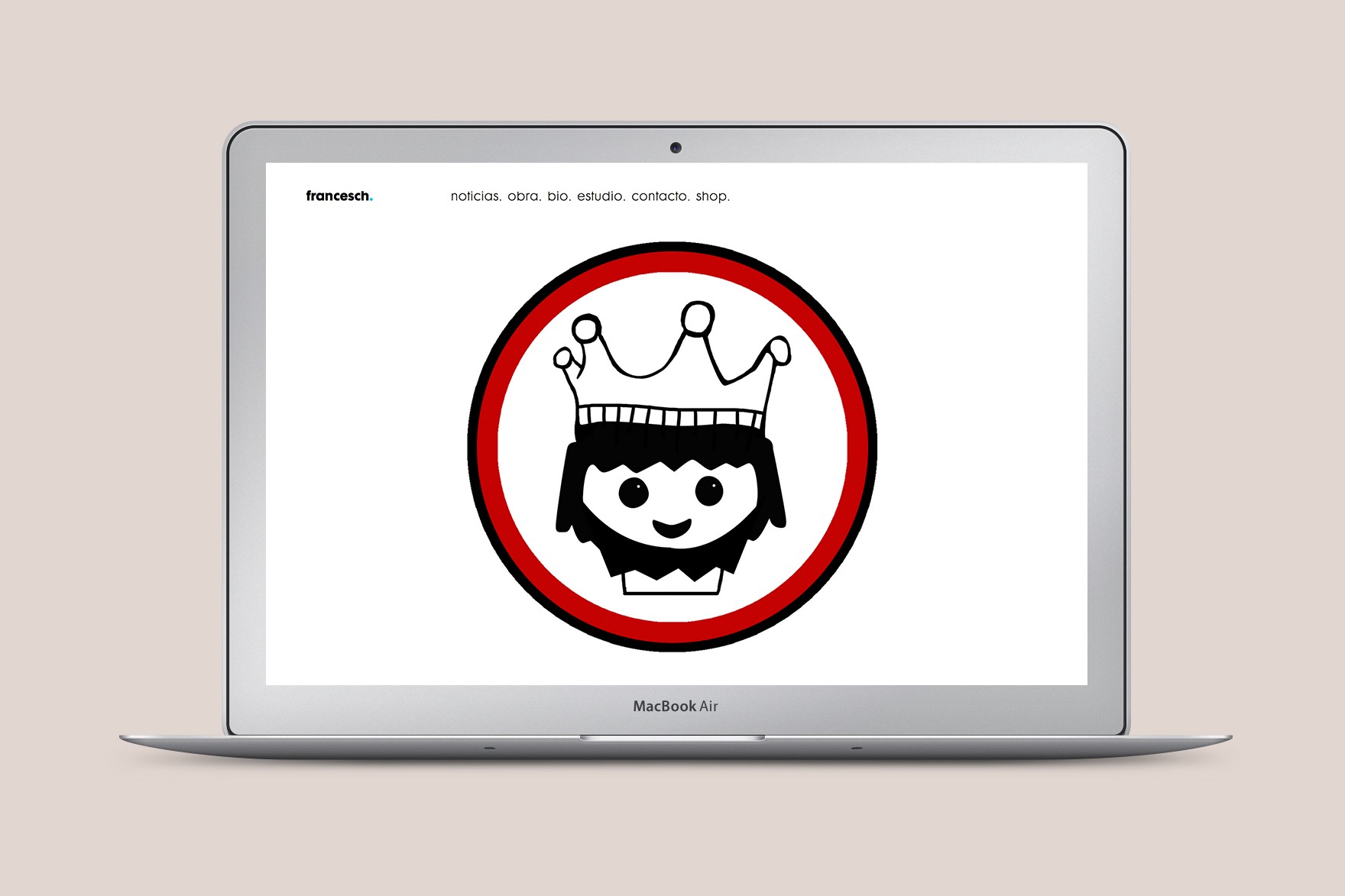 Disseny de la landing page de la web d'H&Eacute;CTOR FRANCESCH. Inclou una peculiar il&middot;lustraci&oacute; dibuixada a m&agrave; d'un nen pelut posant una corona dins d'un cercle vermell i negre. Disseny web per l'estudi de comunicaci&oacute; i marca Esiete i programat per sevenap.