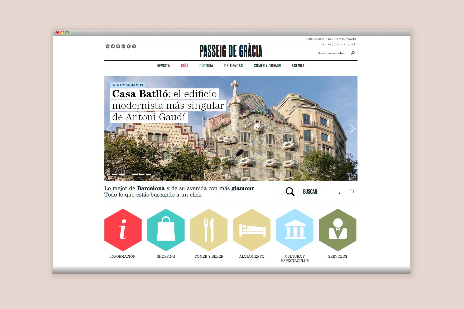 <span><span>Disseny de la p&agrave;gina GUIA de la web del PASSEIG DE GR&Agrave;CIA. Cont&eacute; una foto de la &ldquo;Casa Batll&oacute; d'Antoni Gaud&iacute;&rdquo; i diferents icones per a diferents categories, com ara &ldquo;Aliments, compres ets&rdquo; Dissenyat per l'estudi de comunicaci&oacute; i marca esiete i programat per sevenap.</span></span>