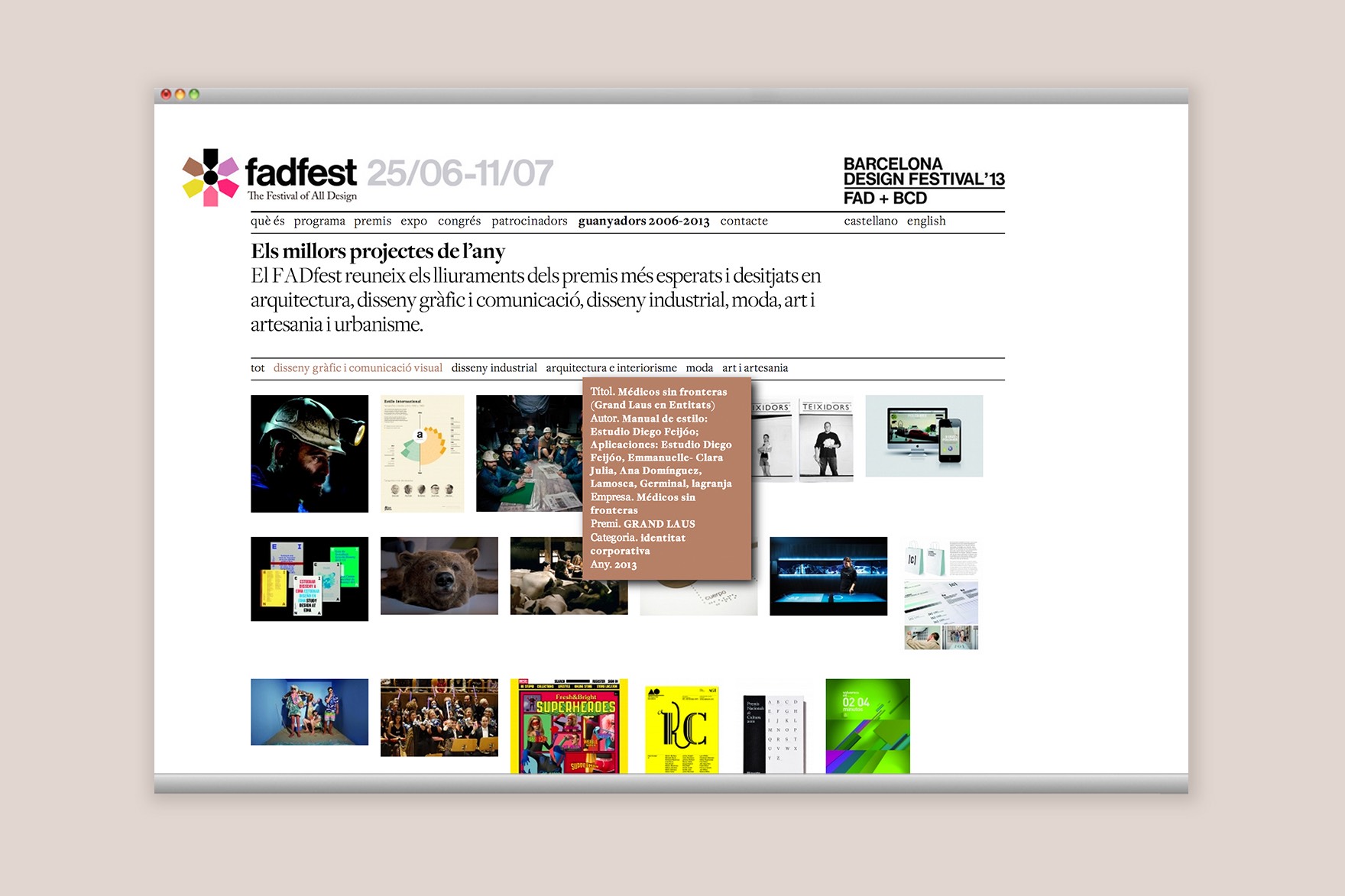 Disseny de p&agrave;gina de DISSENY GR&Agrave;FIC I COMUNICACI&Oacute; VISUAL DE GUANYADORS 2006-2013 del web FADFEST. Dissenyat per l'estudi de marca i comunicaci&oacute; esiete i programat per sevenap.