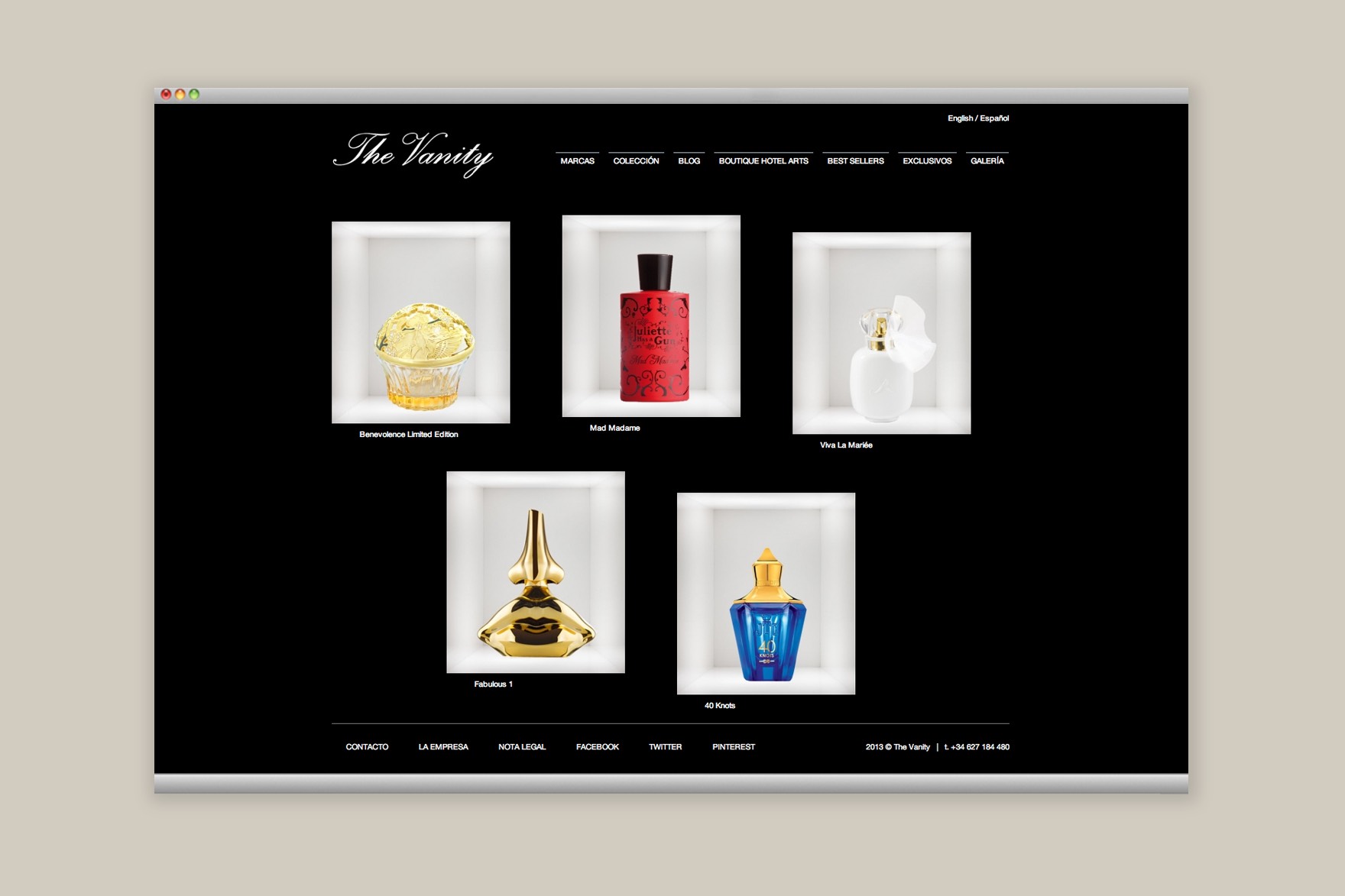 Dise&ntilde;o de la p&aacute;gina de inicio del sitio web de THE VANITY. Incluye diferentes im&aacute;genes de perfumes. Dise&ntilde;ado por el estudio de branding y comunicaci&oacute;n esiete y programado por sevenap.