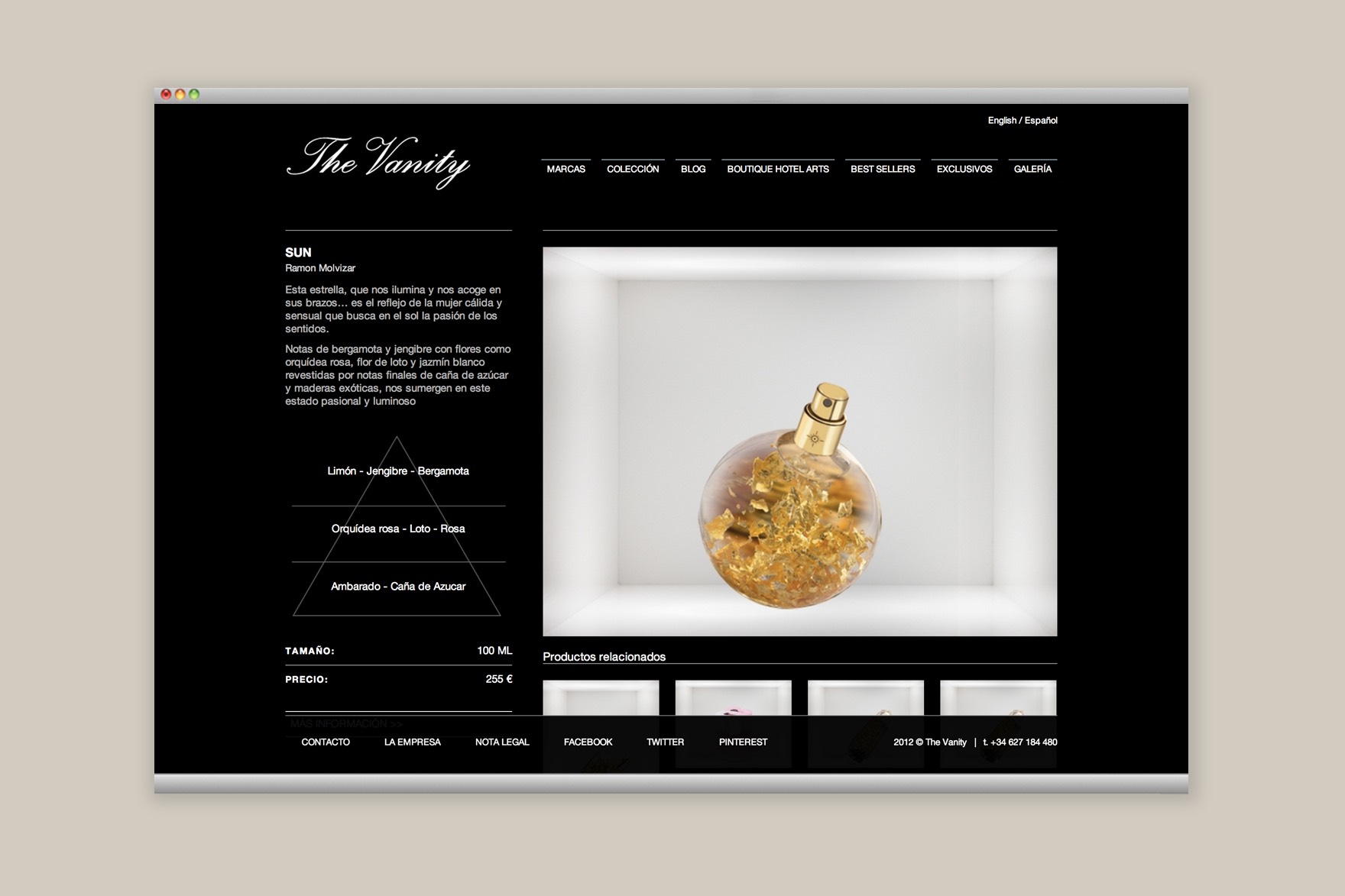 Dise&ntilde;o de la p&aacute;gina de detalles del producto para el sitio web de THE VANITY. Incluye perfume Sol dorado. Dise&ntilde;ado por el estudio de branding y comunicaci&oacute;n esiete y programado por sevenap.