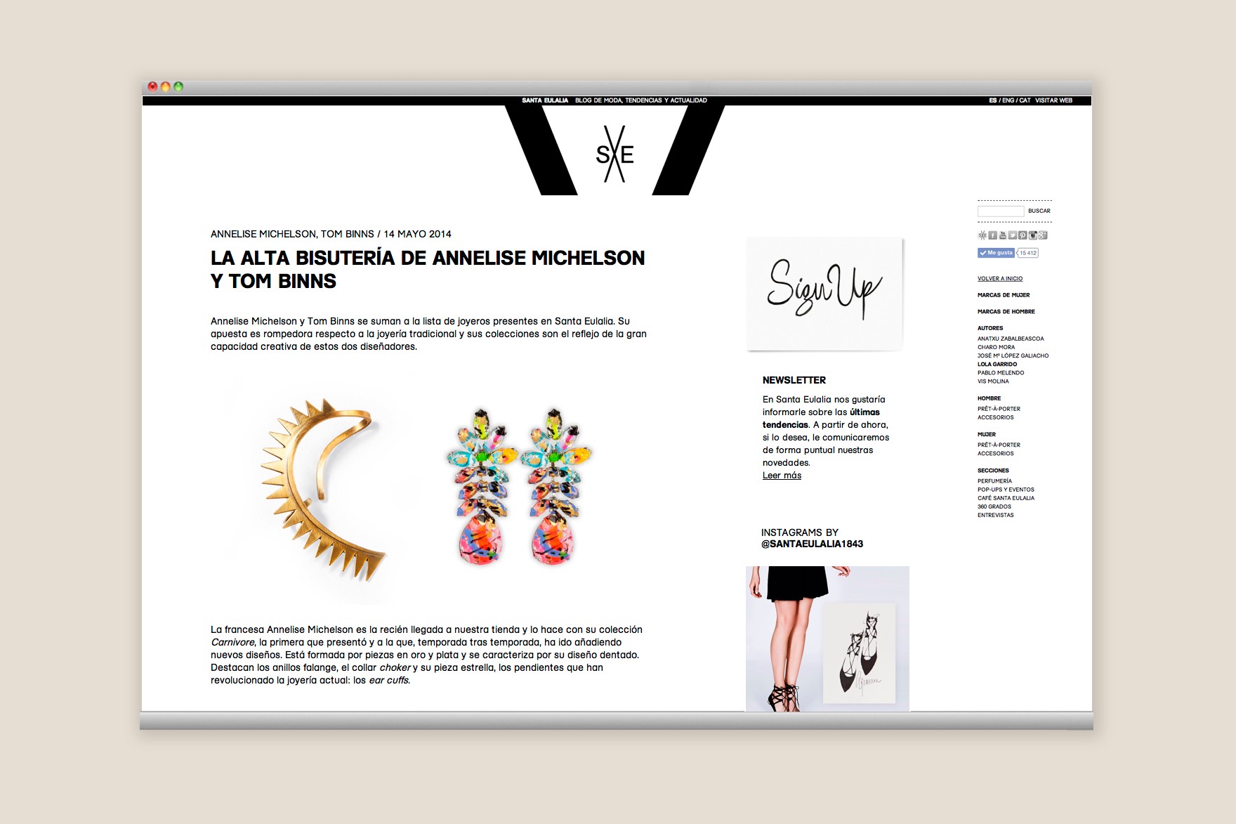 P&agrave;gina d'un article del web BLOG SANTA EULALIA. Inclou una imatge de moda femenina i joies d'Annelise Michelson i Tom Binns. Dissenyat per l'estudi de marca i comunicaci&oacute; esiete i programat per sevenap.
