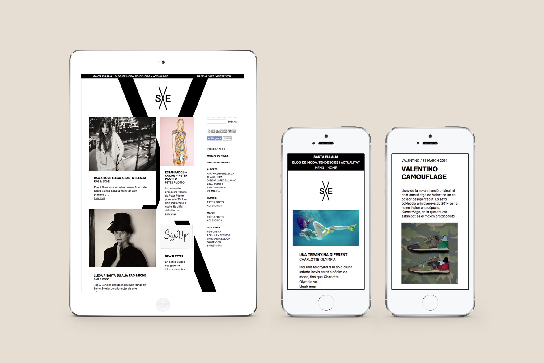 Diferents dispositius que mostren el web BLOG SANTA EULALIA per veure com funciona el disseny responsive. Inclou moltes imatges de moda femenina. Dissenyat per l'estudi de marca i comunicaci&oacute; esiete i programat per sevenap.