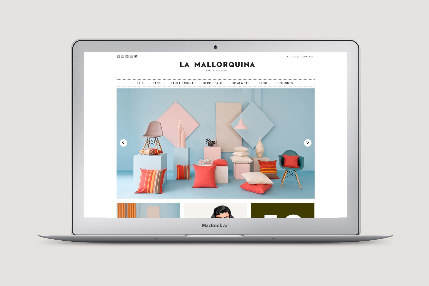 Disseny de la p&agrave;gina HOME del web de comer&ccedil; electr&ograve;nic LA MALLORQUINA. amb una presentaci&oacute; de diapositives dels seus productes. Dissenyat per l'estudi de marca i comunicaci&oacute; esiete i programat per sevenap.