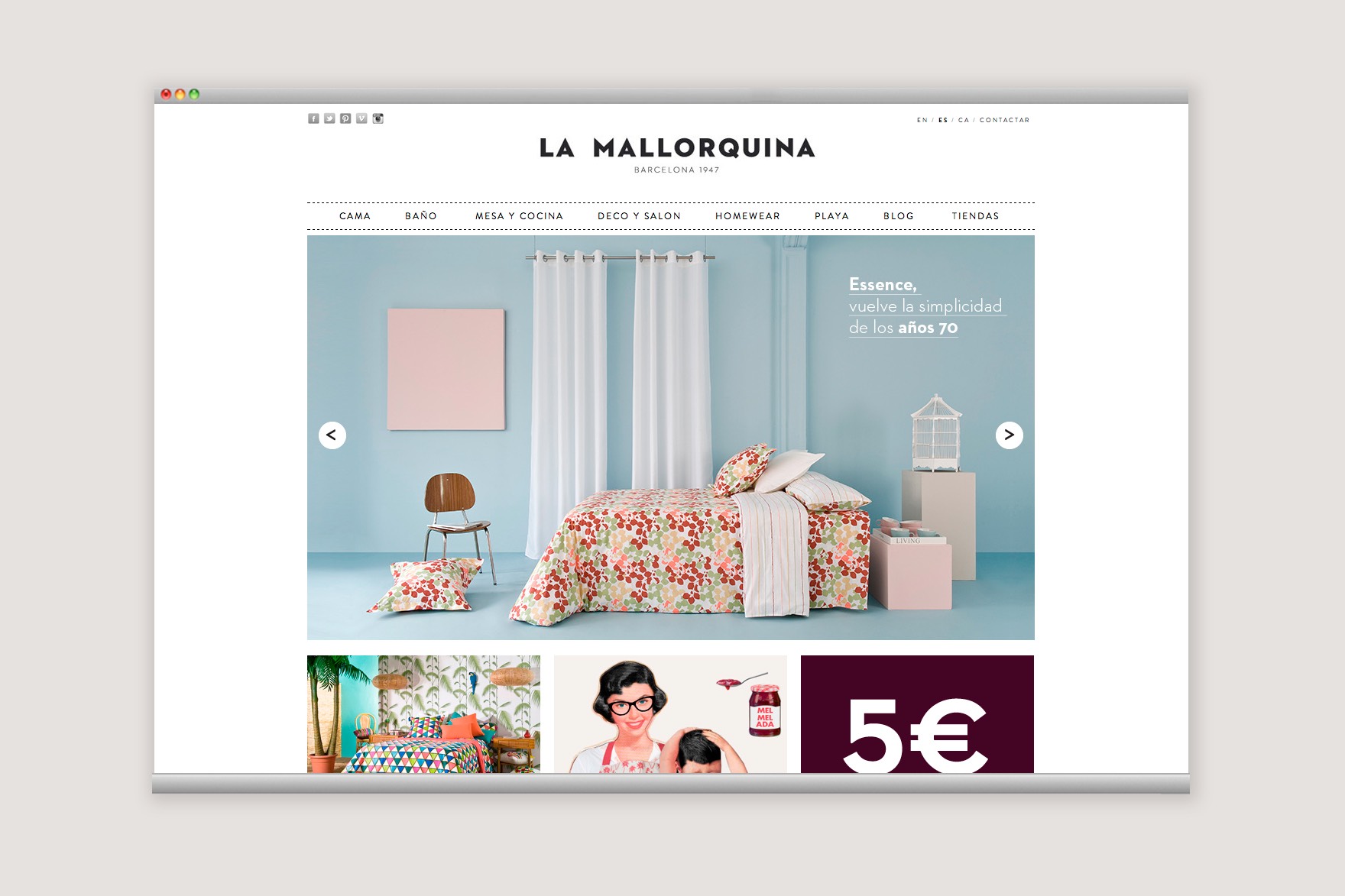 Disseny de la p&agrave;gina HOME del web de comer&ccedil; electr&ograve;nic LA MALLORQUINA. amb una presentaci&oacute; de diapositives dels seus productes, mostrant altres imatges que les anteriors. Dissenyat per l'estudi de marca i comunicaci&oacute; esiete i programat per sevenap.