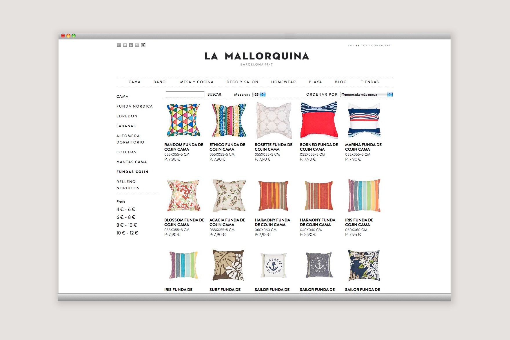 Funda de coix&iacute; disseny de la p&agrave;gina de la secci&oacute; de productes del web de comer&ccedil; electr&ograve;nic LA MALLORQUINA. Dissenyat per l'estudi de marca i comunicaci&oacute; esiete i programat per sevenap.