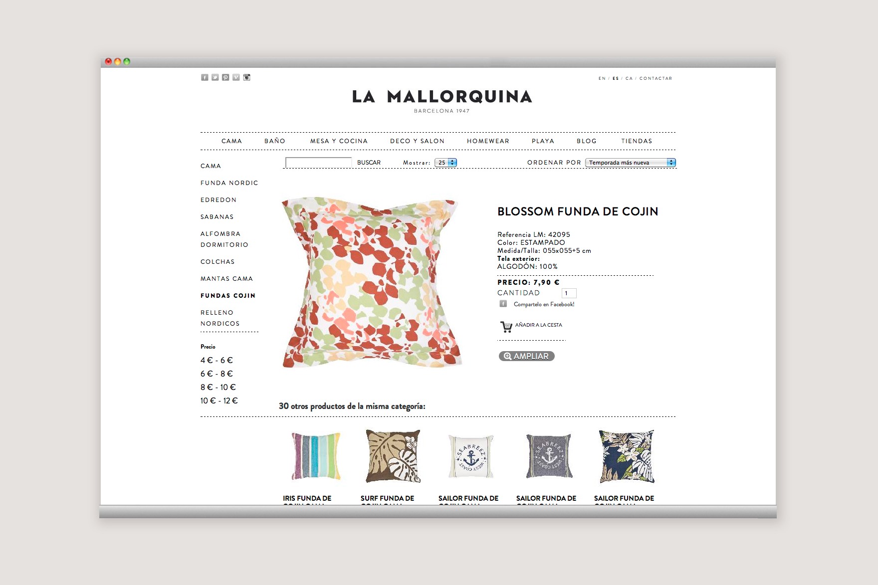 Disseny de la p&agrave;gina &ldquo;Detall del producte&rdquo; per a la web de comer&ccedil; electr&ograve;nic LA MALLORQUINA amb una funda de coix&iacute;. Dissenyat per l'estudi de marca i comunicaci&oacute; esiete i programat per sevenap.