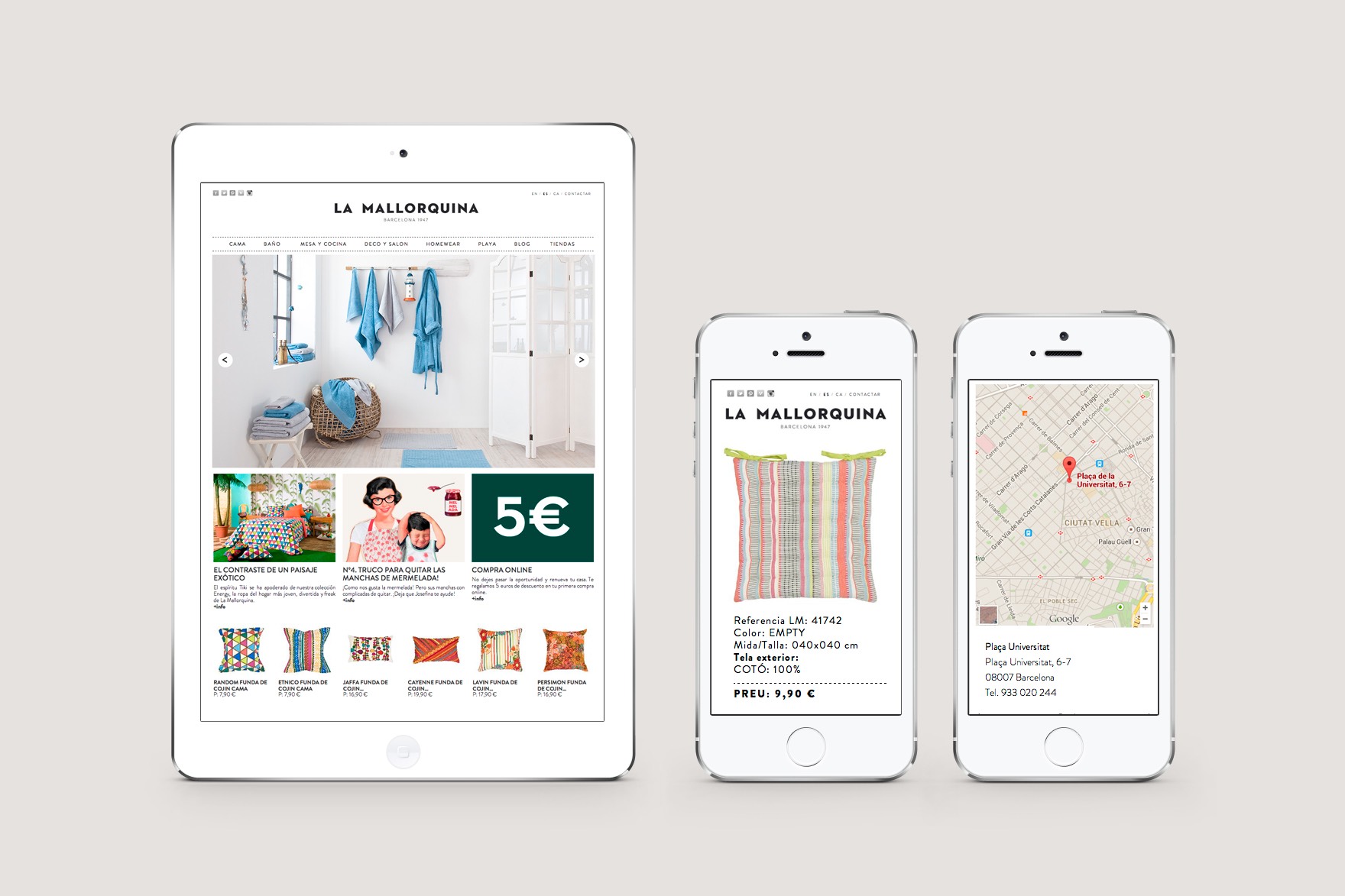 Diferents dispositius que mostren el disseny responsive del web de comer&ccedil; electr&ograve;nic LA MALLORQUINA. Dissenyat per l'estudi de marca i comunicaci&oacute; esiete i programat per sevenap.