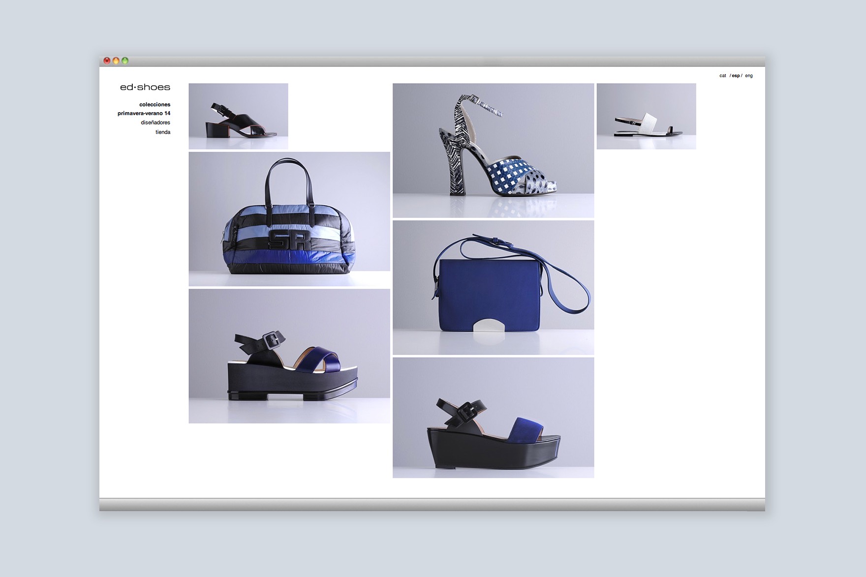 Spring-summer 14 collection page of ED SHOES shop website. Includes modern women shoes and handbags. Website designed by Esiete branding and communication studio and programmed by sevenap.