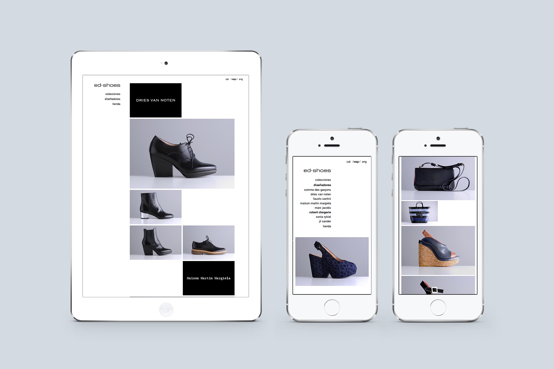 Different pages of the ED SHOES website on mobiles and ipad screens to show the responsive design. Website designed by Esiete branding and communication studio and programmed by sevenap.