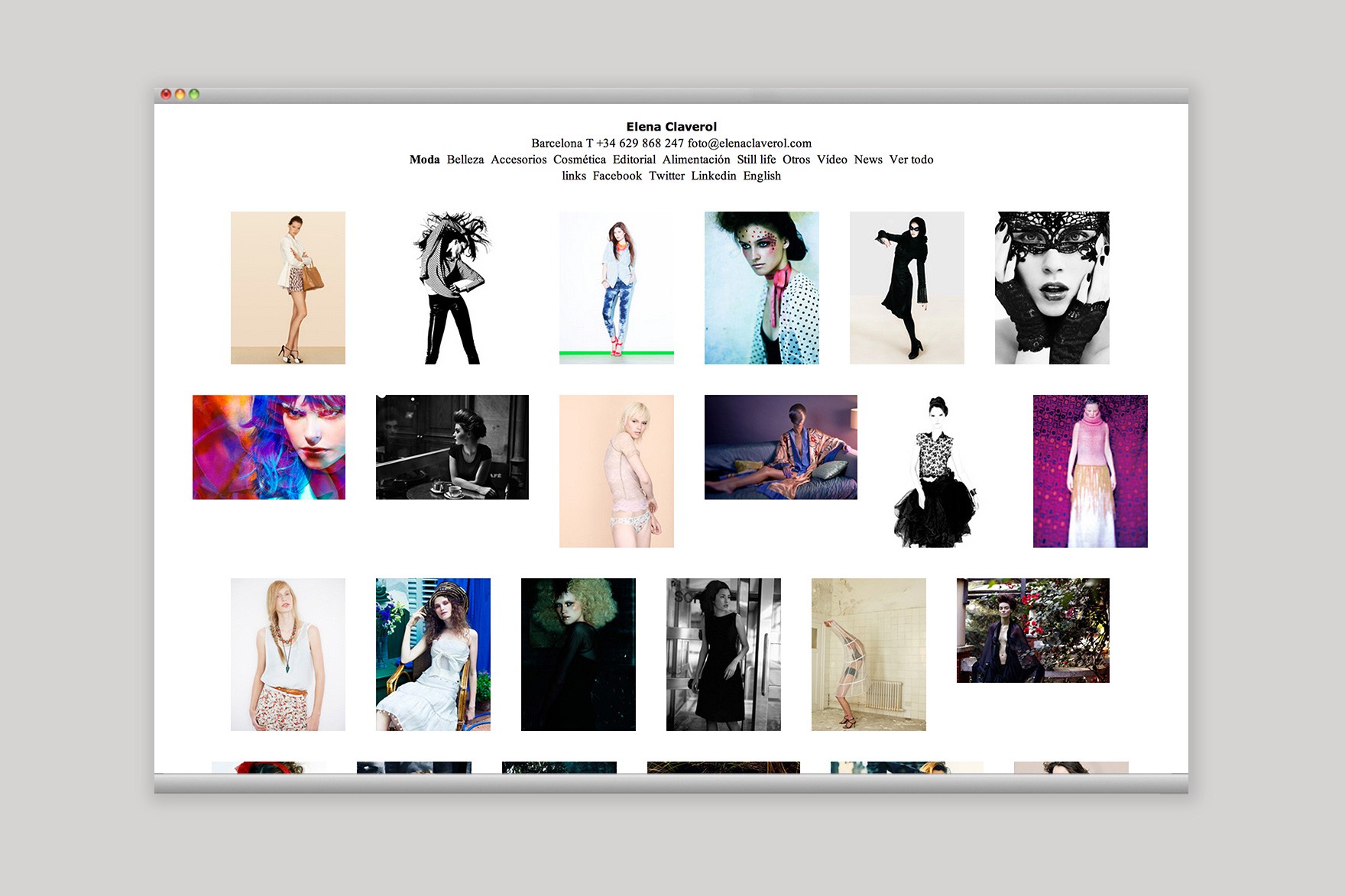 P&agrave;gina de projectes MODA del web d'ELENA CLAVEROL. Inclou diferents fotografies de bellesa i moda femenina. Web dissenyada per l'estudi de comunicaci&oacute; i marca Esiete i programada per sevenap.