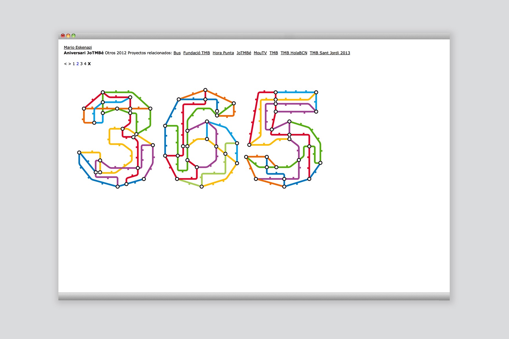 P&aacute;gina de presentaci&oacute;n de un proyecto de n&uacute;meros 365 realizado con las l&iacute;neas del metro de Barcelona de la web de Mario Eskenazi. Dise&ntilde;ada por el estudio de branding y comunicaci&oacute;n esiete y programada por sevenap.