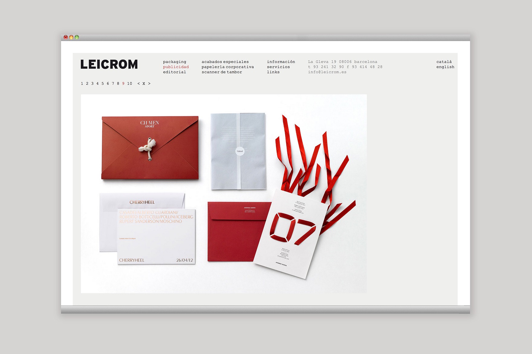 Secci&oacute;n de publicidad de la web de LEICROM. Incluye proyecto de saludos CherryHeel donde la tipograf&iacute;a est&aacute; hecha de cintas rojas y recortes de papel. Web dise&ntilde;ada por el estudio de branding y comunicaci&oacute;n esiete y programada por sevenap.