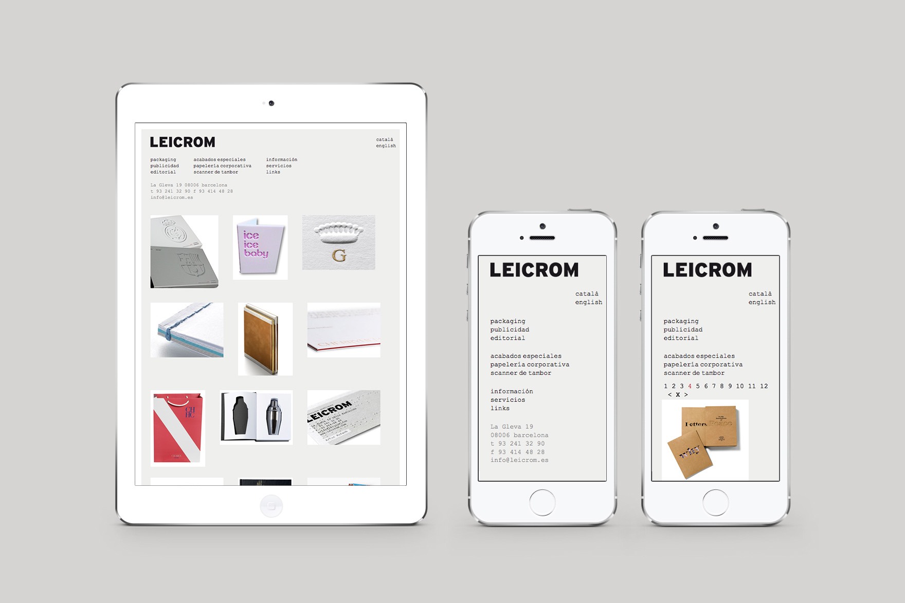 Ipad y iphones con la web de LEICROM para mostrar c&oacute;mo funciona el dise&ntilde;o responsive. Dise&ntilde;ado por esiete estudio de branding y comunicaci&oacute;n y programado por sevenap.
