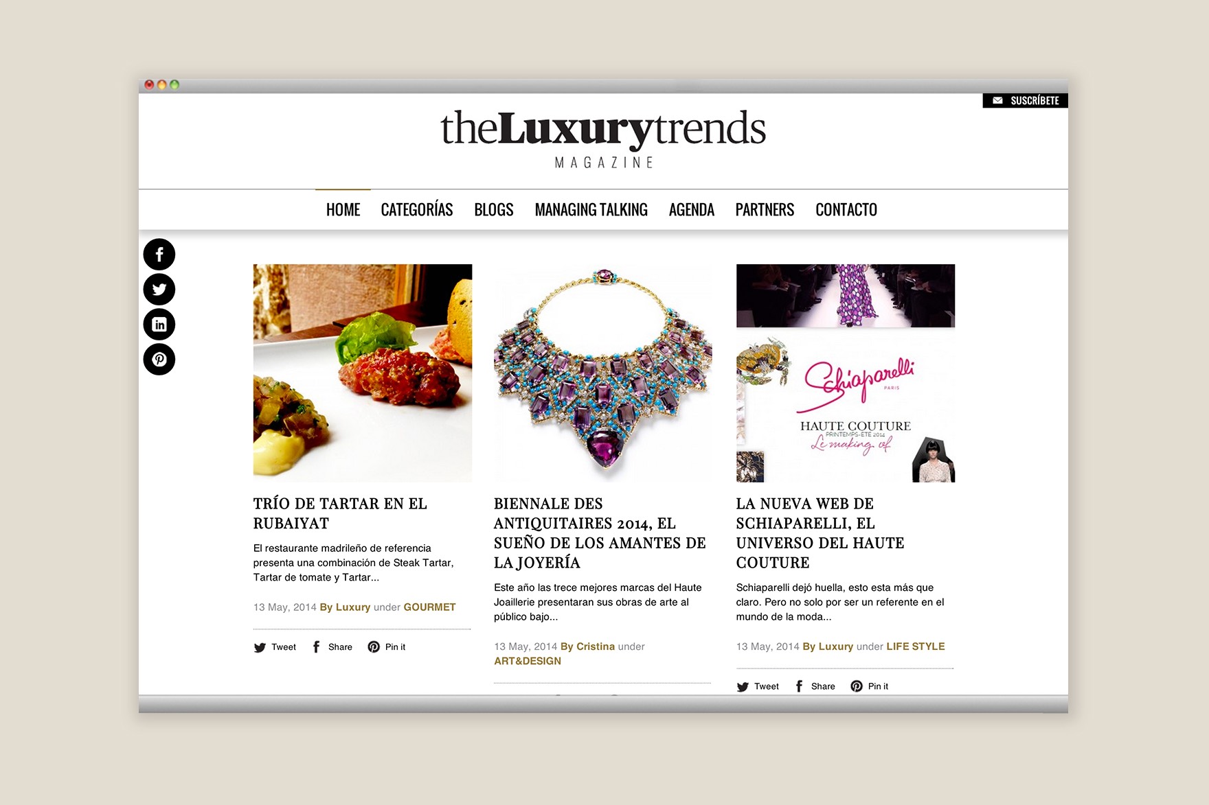 Dise&ntilde;o de p&aacute;gina de blogs para el sitio web de la revista THE LUXURY TRENDS. Incluye fotograf&iacute;as de comida y joyer&iacute;a de lujo. Dise&ntilde;ado por el estudio de branding y comunicaci&oacute;n Esiete y programado por Sevenap.