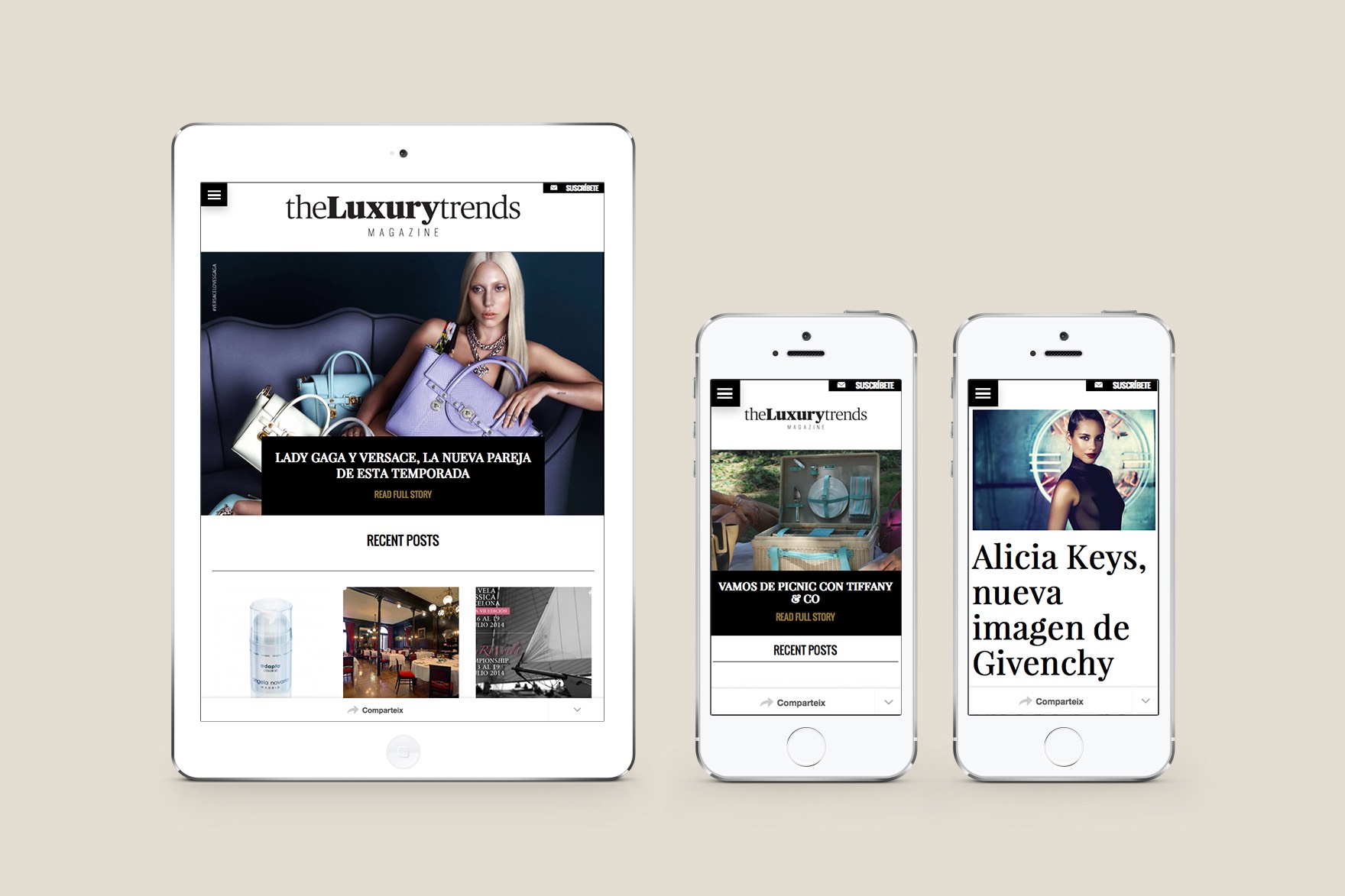 Sitio web de la revista THE LUXURY TRENDS en diferentes dispositivos para mostrar c&oacute;mo funciona el dise&ntilde;o responsivo. Incluye im&aacute;genes de Alicia Keys, Givenchy, etc. Dise&ntilde;ado por el estudio de branding y comunicaci&oacute;n esiete y programado por Sevenap.
