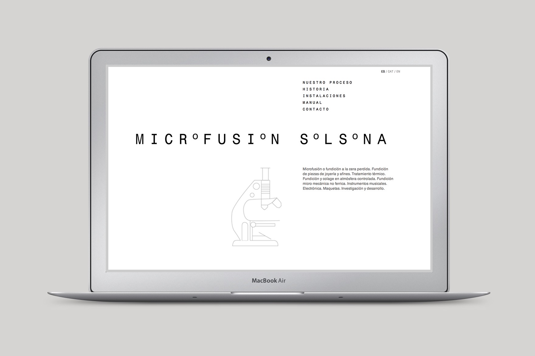Dise&ntilde;o de la p&aacute;gina de inicio de la p&aacute;gina web de MICROFUSI&Oacute;N SOLSONA. Incluye ilustraci&oacute;n lineal de microscopio. Dise&ntilde;ado por el estudio de branding y comunicaci&oacute;n esiete y programado por sevenap.