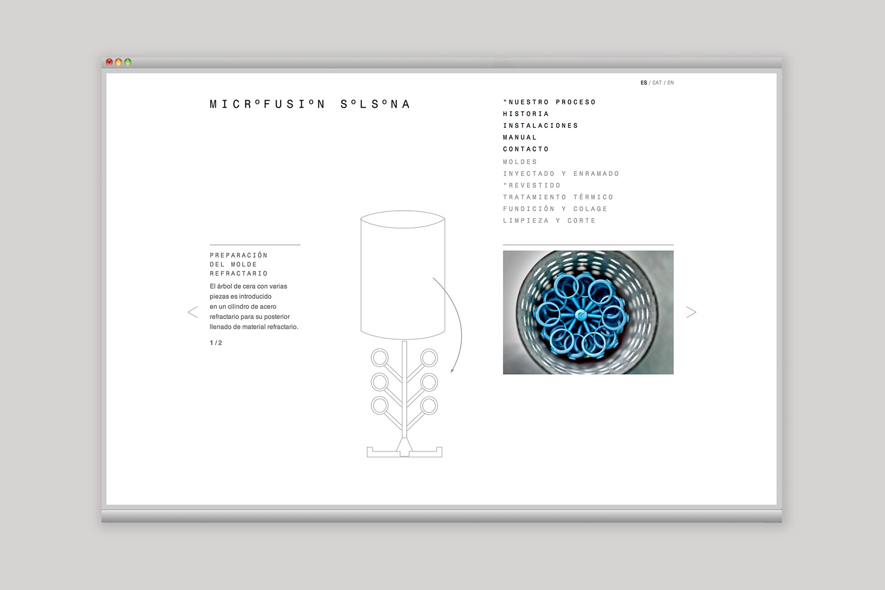 Dise&ntilde;o de la p&aacute;gina &ldquo;NUESTRO PROCESO&rdquo; de la web de MICROFUSI&Oacute;N SOLSONA. Incluye ilustraci&oacute;n lineal y una microimagen abstracta. Dise&ntilde;ado por el estudio de branding y comunicaci&oacute;n Esiete y programado por Sevenap.