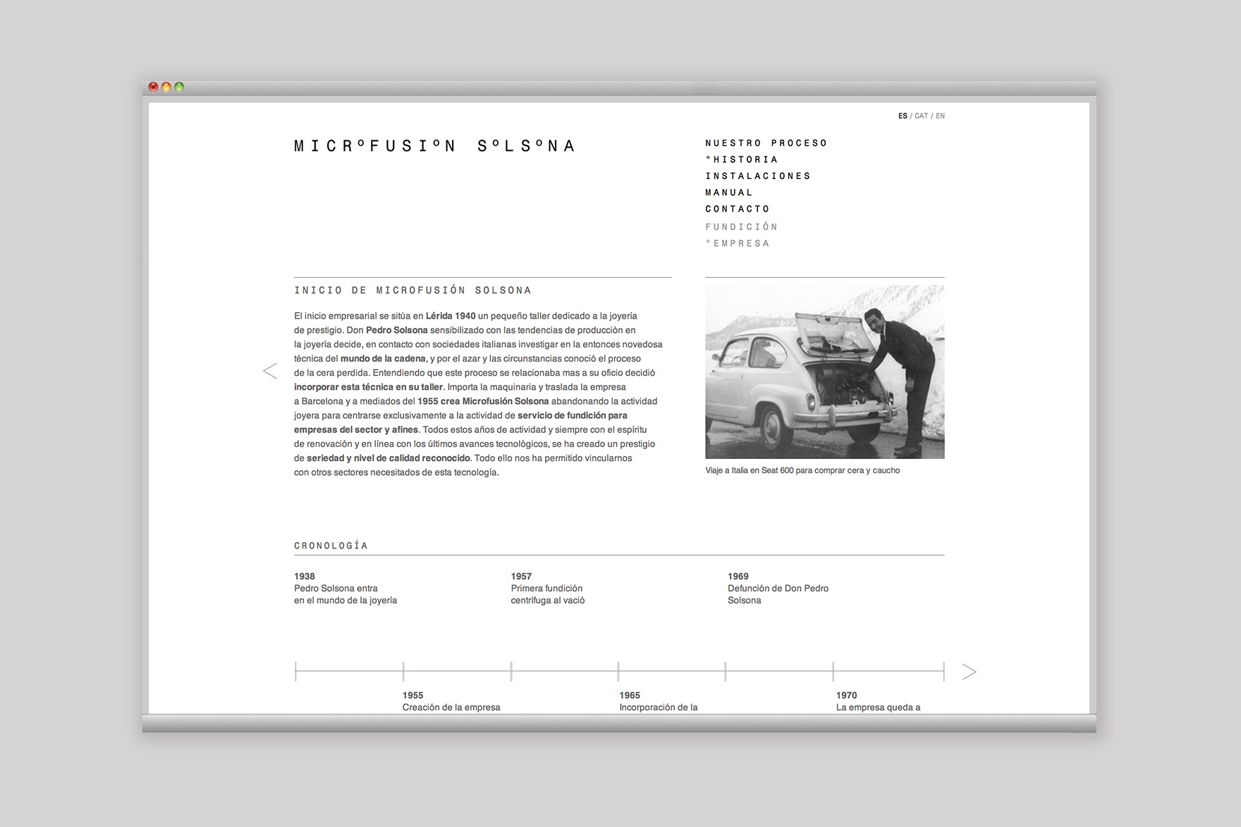 HISTORIA Dise&ntilde;o de la p&aacute;gina web de MICROFUSI&Oacute;N SOLSONA. Incluye historia y cronolog&iacute;a y una fotograf&iacute;a antigua del fundador junto a un Seat 600 de su viaje a Italia. Dise&ntilde;ado por el estudio de branding y comunicaci&oacute;n esiete y programado por sevenap.