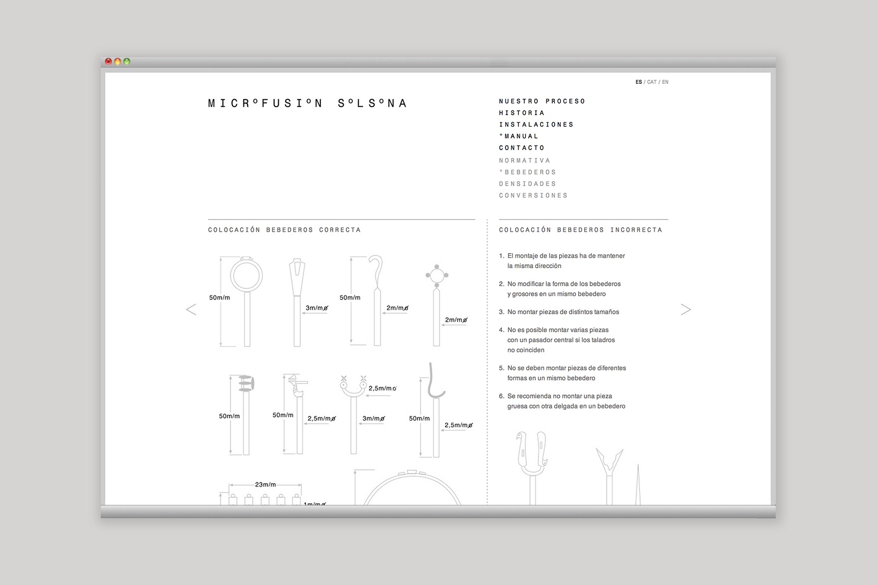MANUAL de dise&ntilde;o de p&aacute;gina de la p&aacute;gina web de MICROFUSI&Oacute;N SOLSONA. Incluye ilustraciones lineales m&iacute;nimas de productos y sus especificaciones y medidas. Dise&ntilde;ado por el estudio de branding y comunicaci&oacute;n esiete y programado por sevenap.