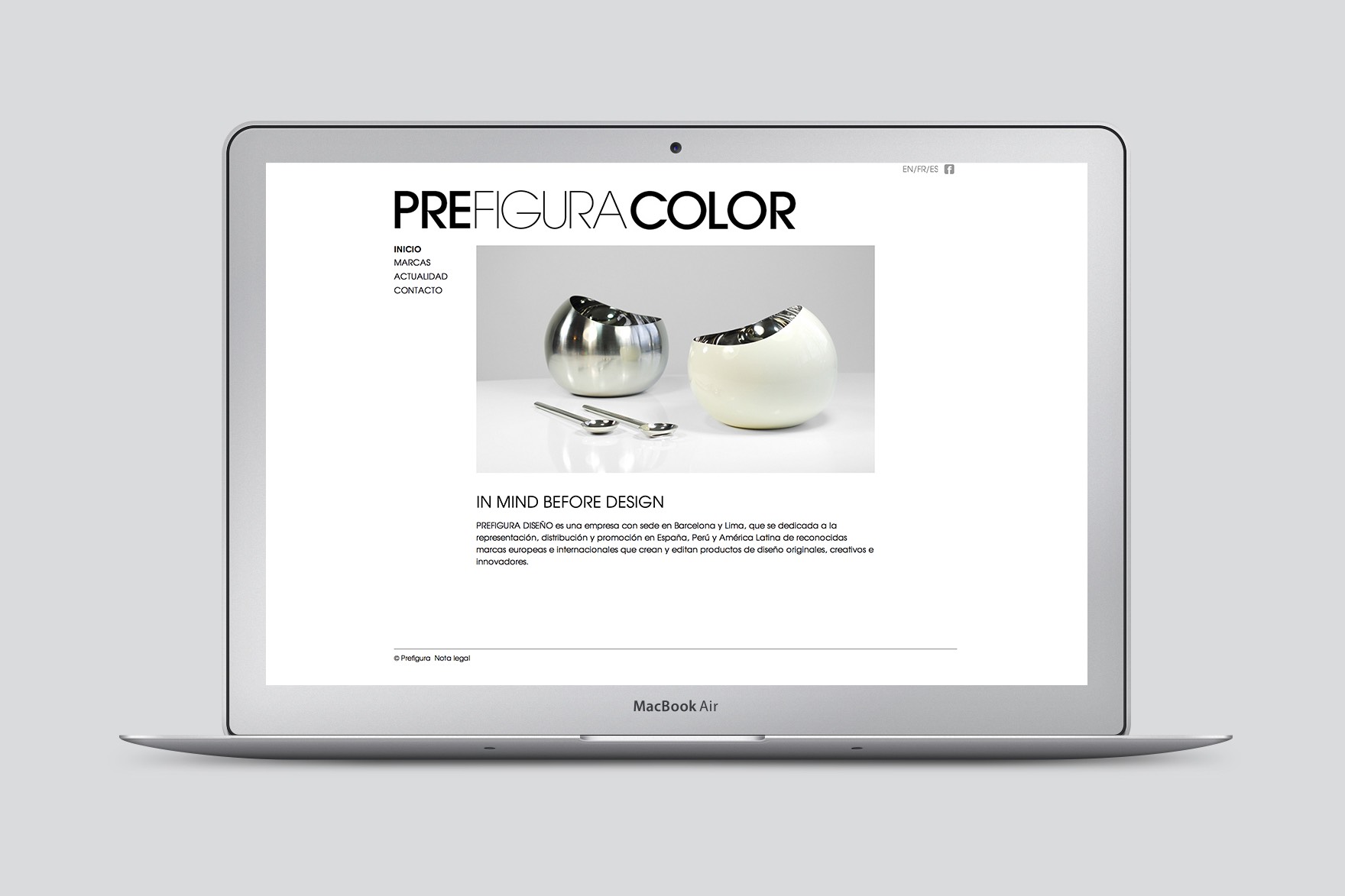 Dise&ntilde;o de la p&aacute;gina de inicio de la web de PREFIGURE. Incluye una imagen de producto moderna. Dise&ntilde;ado por el estudio de branding y comunicaci&oacute;n Esiete y programado por sevenap.