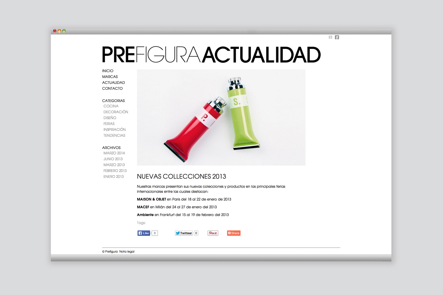 P&aacute;gina de nuevas colecciones de la web de PREFIGURA. Incluye imagen de pasta roja y verde. Dise&ntilde;ado por el estudio de branding y comunicaci&oacute;n Esiete y programado por sevenap.