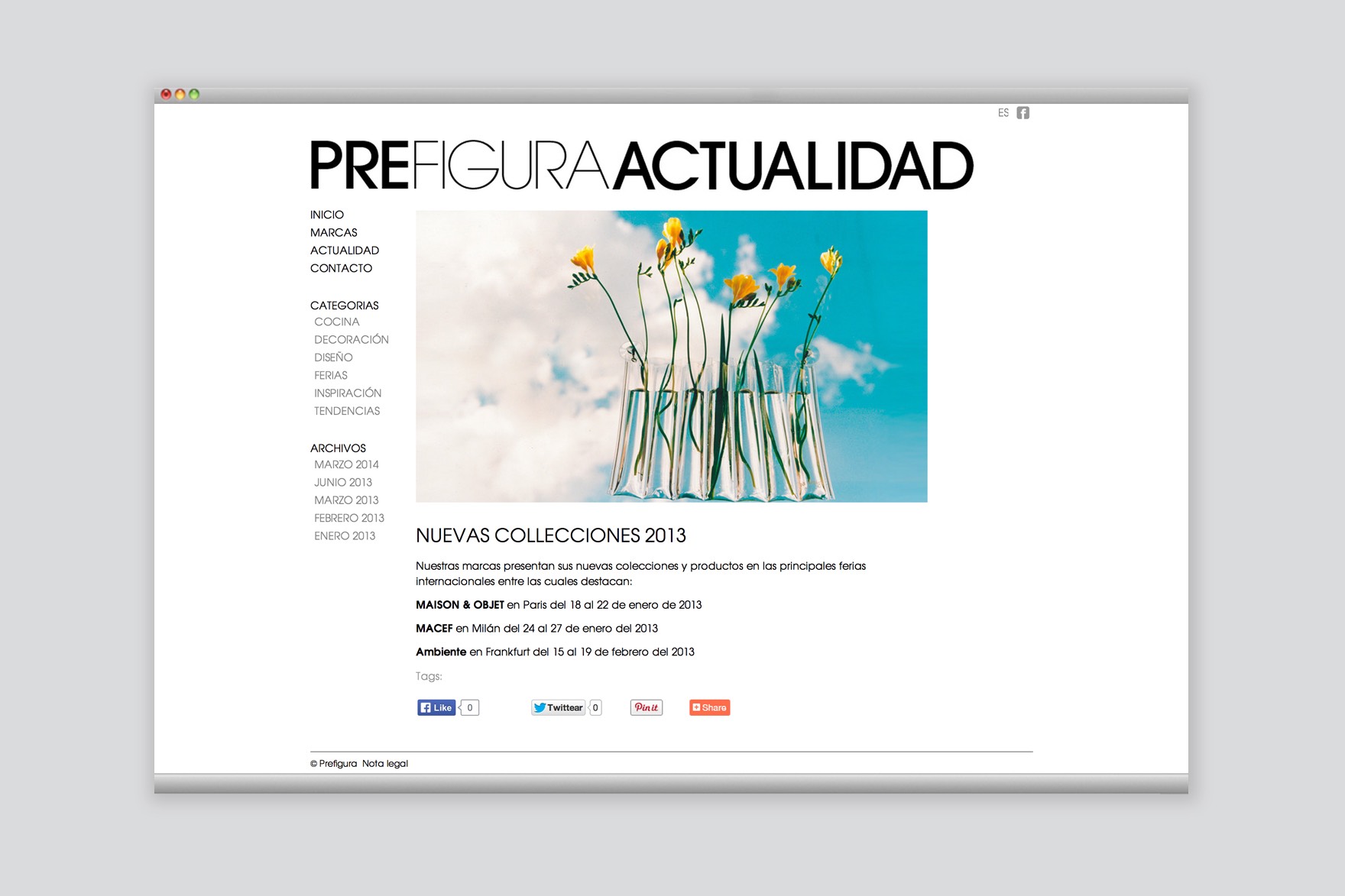 P&aacute;gina de nuevas colecciones de la web de PREFIGURA. Incluye flores amarillas en finos jarrones frente a un cielo azul nublado. Web dise&ntilde;ada por el estudio de branding y comunicaci&oacute;n Esiete y programada por sevenap.