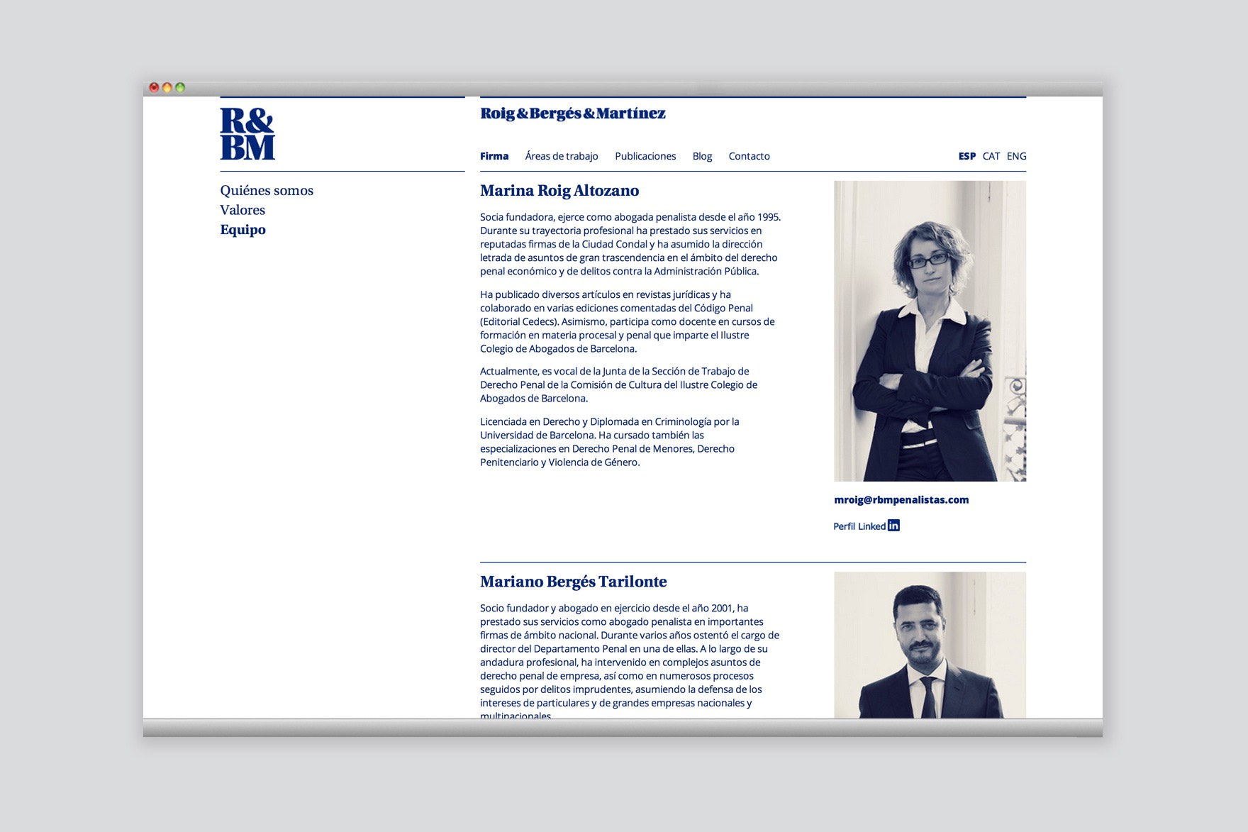 Dise&ntilde;o de la p&aacute;gina FIRMA del sitio web de RBM PENSALISTAS. Incluye im&aacute;genes del equipo con breve informaci&oacute;n de cada uno de ellos. Dise&ntilde;ado por el estudio de branding y comunicaci&oacute;n esiete y programado por sevenap.