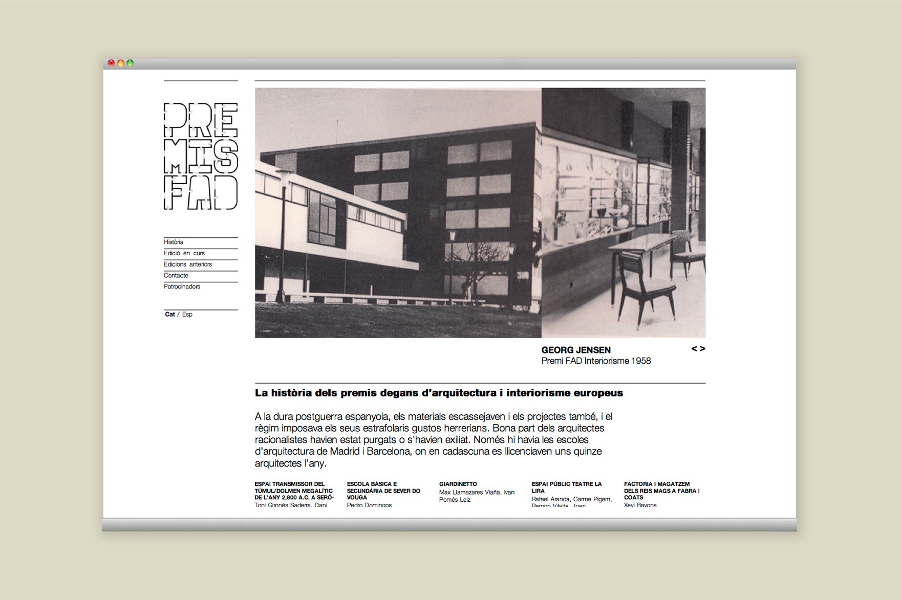 Disseny de la p&agrave;gina d'inici del web dels premis FAD. Inclou imatge del Premi FAD interiorismo 1958 de George Jensen. Web dissenyada per l'estudi de comunicaci&oacute; i marca Esiete i programada per sevenap.