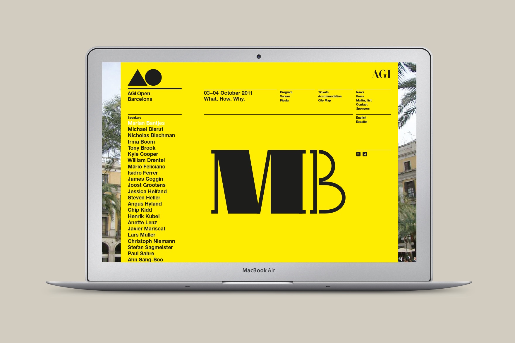 Landing page design of AGI OPEN BARCELONA website. Includes yellow background, header, AGI open logo, Marian Bantjes MB typography and list of speakers to the left including Lars Muller, Tony Brook, Michael Bierut, Steven Heller, Stefan Sagmeister etc. Website designed by the esiete branding and communication studio and programmed by sevenap.