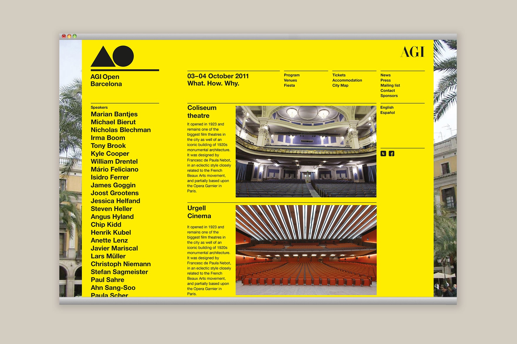 CITY MAP page design of the AGI OPEN BARCELONA website. Includes Coliseum Theatre and Urgell Cinema text and images. Website designed by the esiete branding and communication studio and programmed by sevenap.