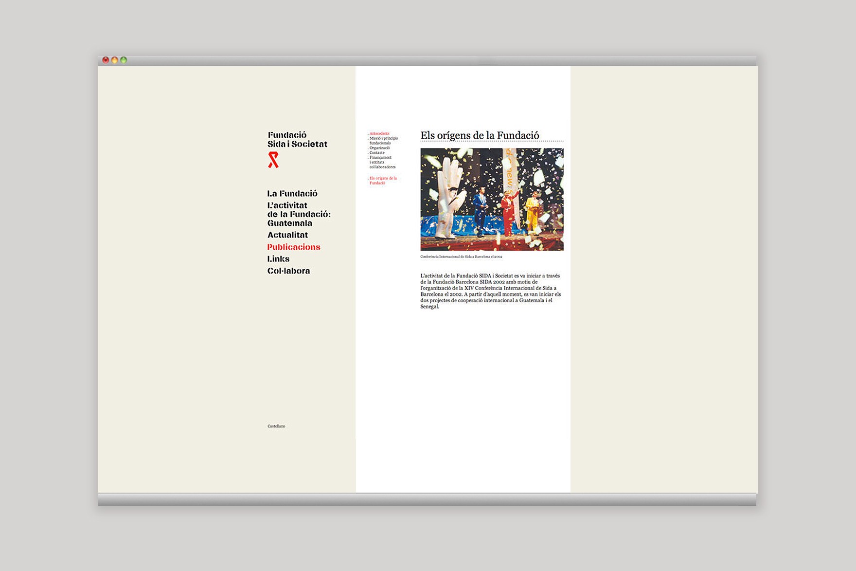 Web de la Fundaci&oacute; SIDA I SOCIETAT, dise&ntilde;o de la p&aacute;gina web de PUBLICACIONES. P&aacute;gina incluye texto sobre los or&iacute;genes de la Fundaci&oacute; SIDA I SOCIETAT. Web dise&ntilde;ada por el estudio de branding y comunicaci&oacute;n Esiete y programada por sevenap.
