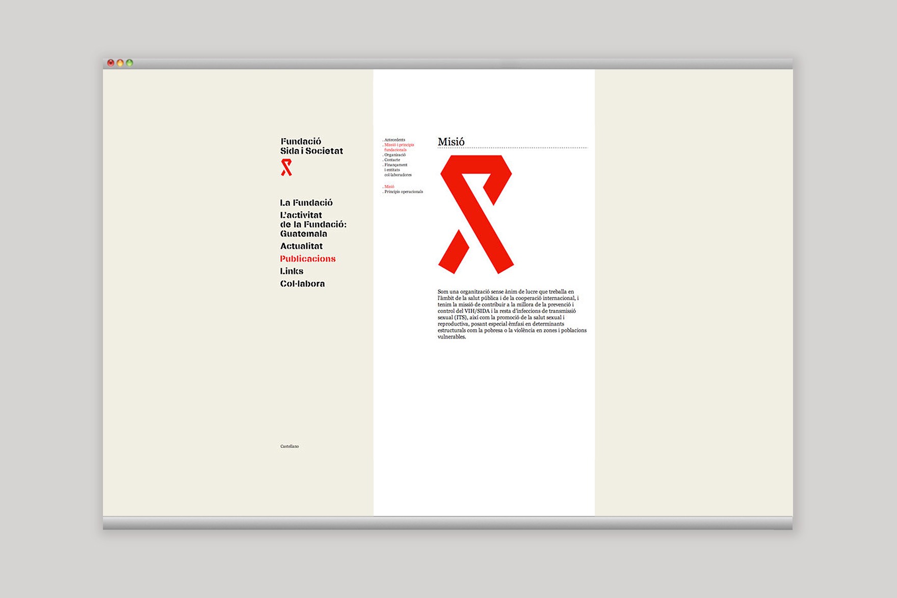 P&aacute;gina de PUBLICACIONES que cuenta la misi&oacute;n de la fundaci&oacute;n SIDA I SOCIETAT. Del proyecto de dise&ntilde;o de la p&aacute;gina web SIDA I SOCIETAT dise&ntilde;ado por el estudio de branding y comunicaci&oacute;n esiete y programado por sevenap.