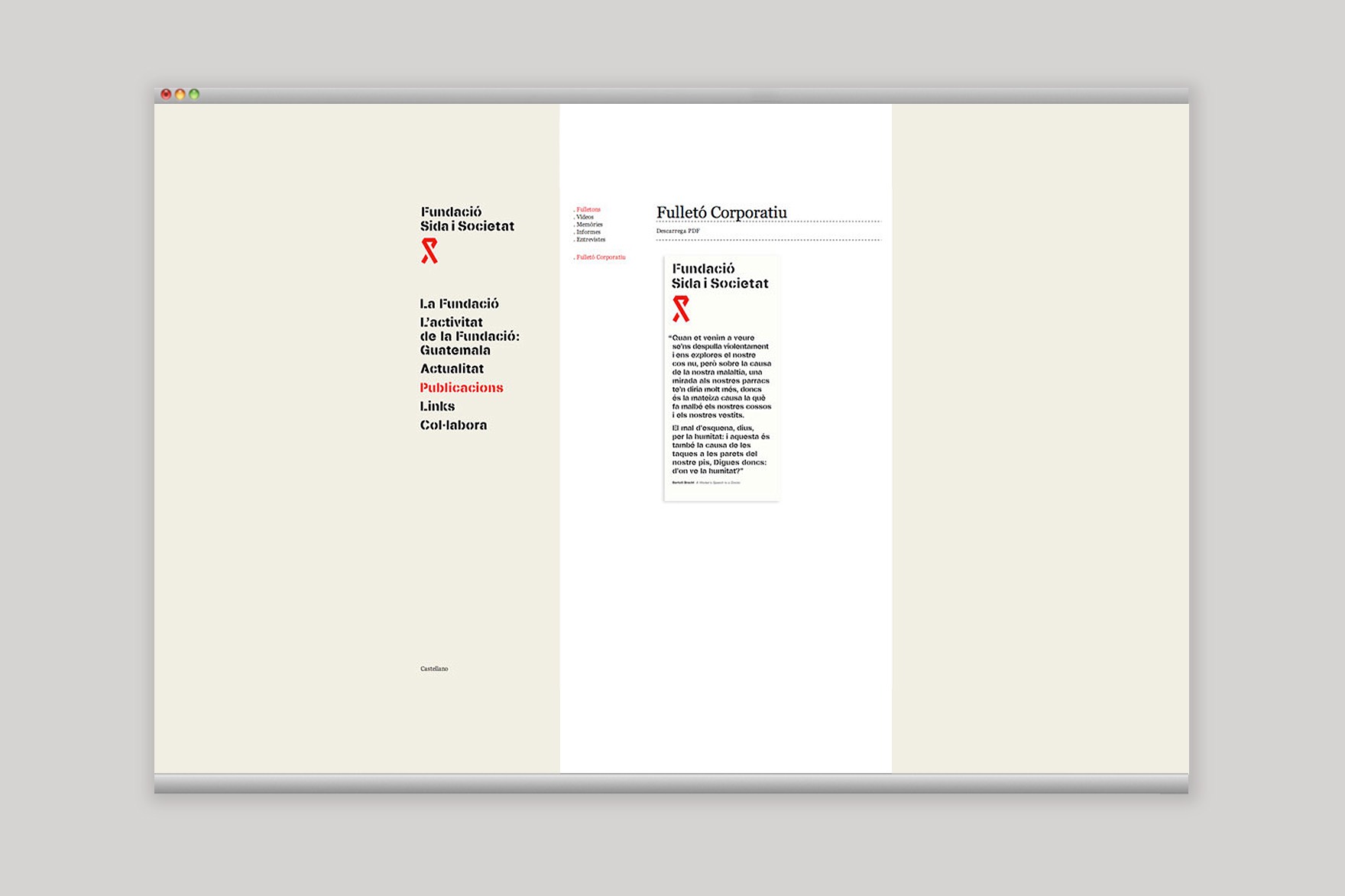 Dise&ntilde;o de la p&aacute;gina web PUBLICACIONES que muestra un folleto corporativo del proyecto de dise&ntilde;o de la p&aacute;gina web de la fundaci&oacute;n SIDA I SOCIETAT. Dise&ntilde;ado por el estudio de branding y comunicaci&oacute;n esiete y programado por sevenap.