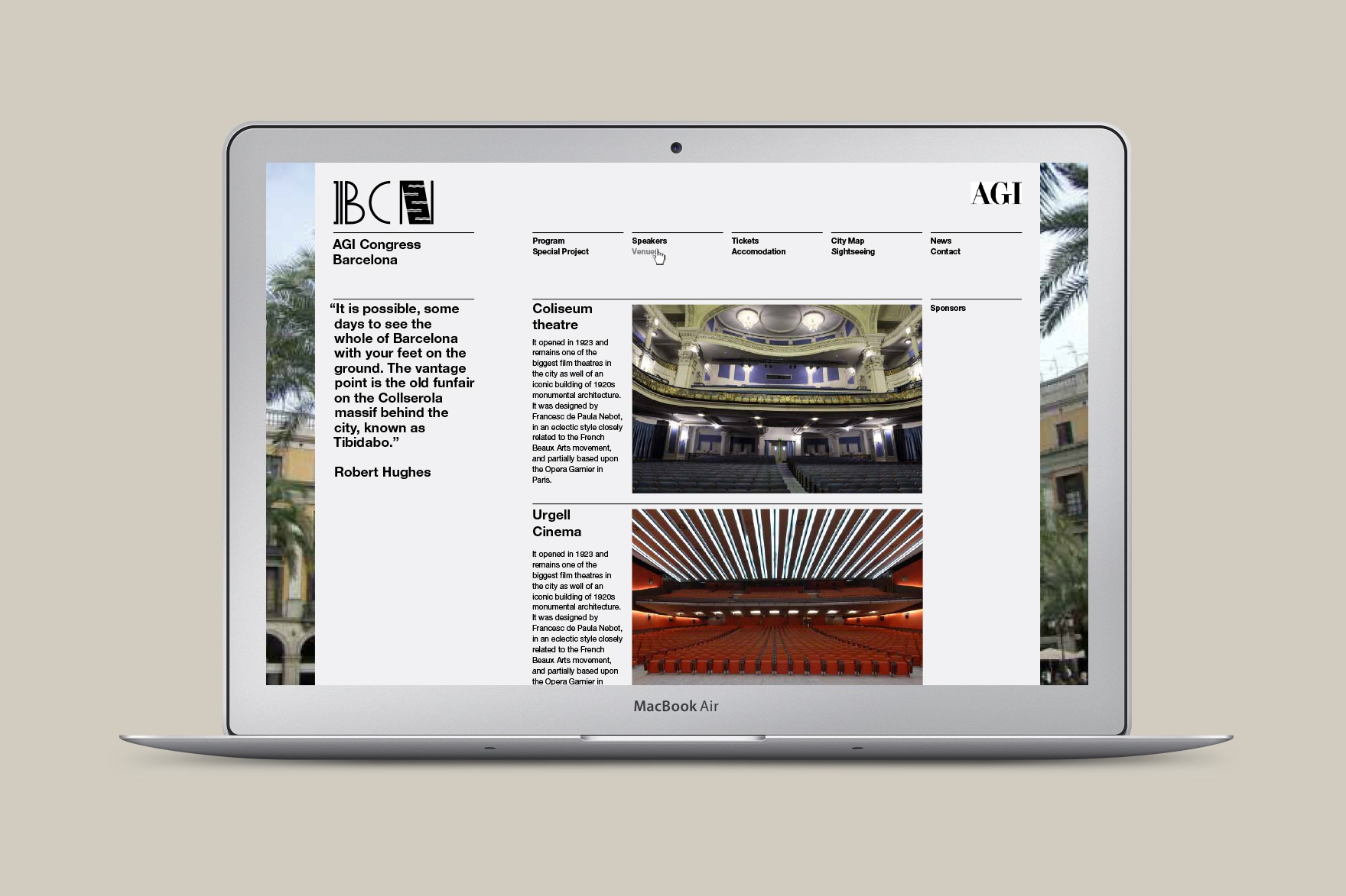 Dise&ntilde;o de la p&aacute;gina de INICIO de la web de AGI CONGRESS BARCELONA. Incluye el logotipo de AGI, la cabecera de la web, texto e im&aacute;genes de La Rambla y La Boquer&iacute;a. Dise&ntilde;ado por el estudio de branding y comunicaci&oacute;n Esiete y programado por sevenap.