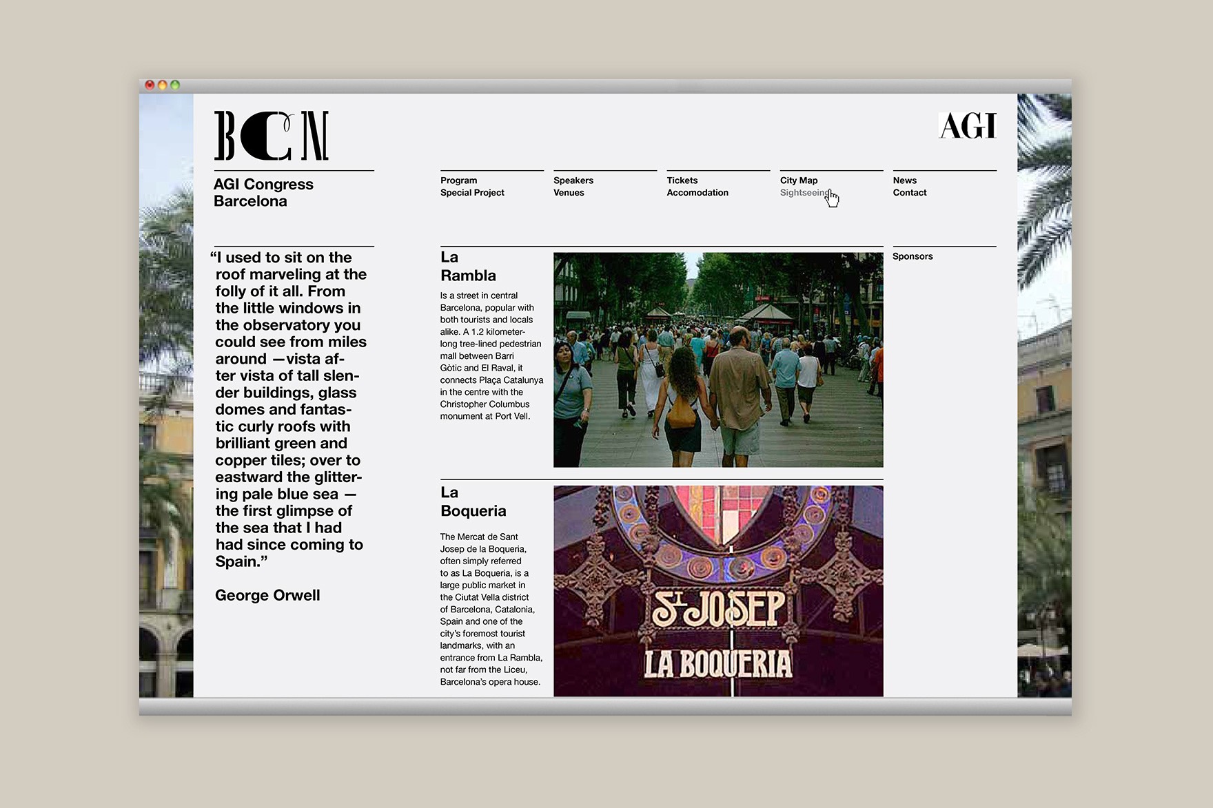 Dise&ntilde;o de la p&aacute;gina de visitas tur&iacute;sticas de la web de AGI CONGRESS BARCELONA. Incluye el logotipo de AGI, la cabecera de la web, texto e im&aacute;genes de La Rambla y La Boquer&iacute;a. Dise&ntilde;ado por el estudio de branding y comunicaci&oacute;n Esiete y programado por sevenap.