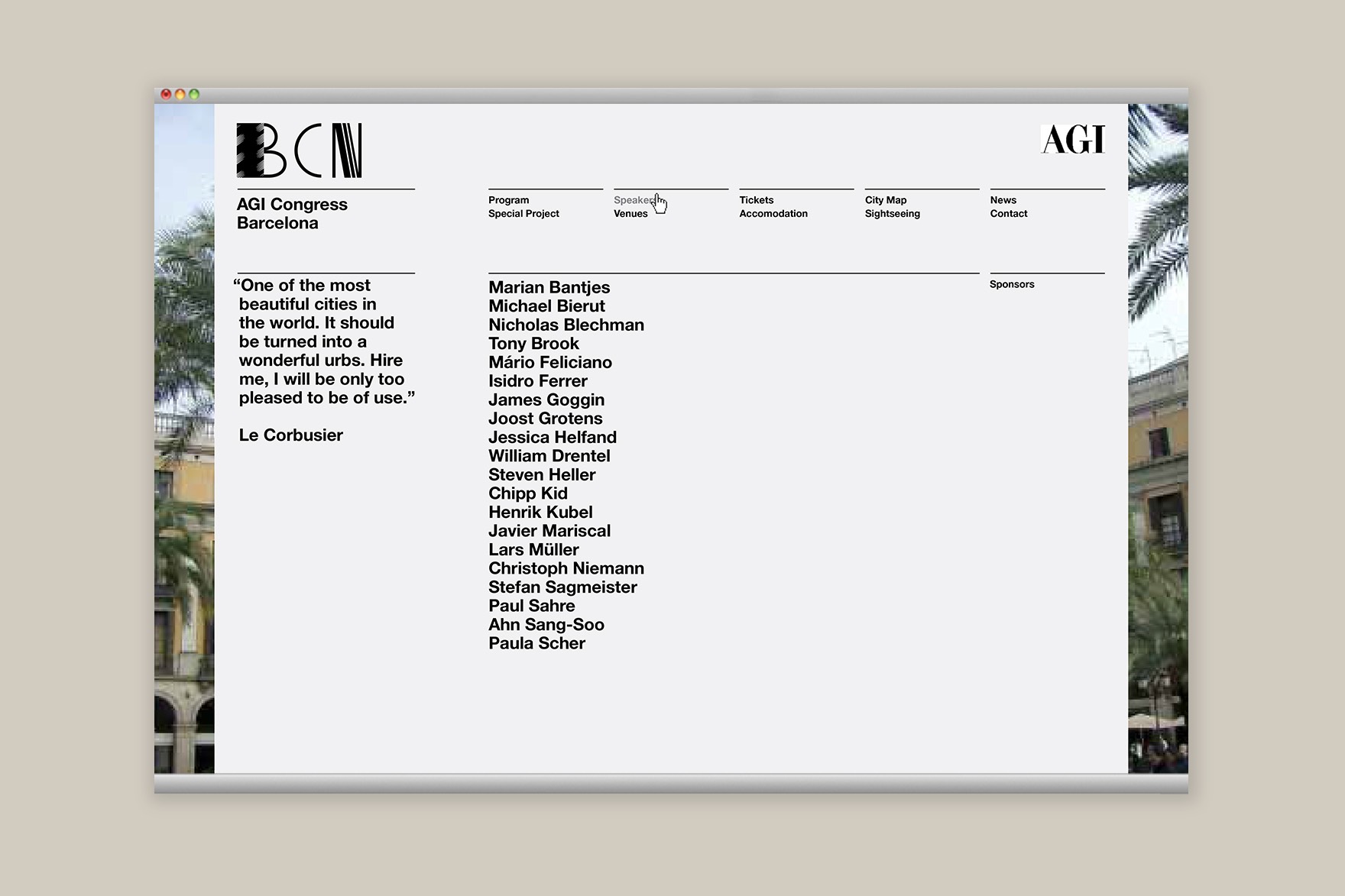 Dise&ntilde;o de la p&aacute;gina de PONENTES de la web de AGI CONGRESS BARCELONA. Incluye la lista de ponentes como Marian Bantjes, Michael Bierut, Lars Muller, Paula Scher, Chipp Kid, Stefan Sagmeister, etc. Dise&ntilde;o de la web de Esiete branding y comunicaci&oacute;n y programado por sevenap.