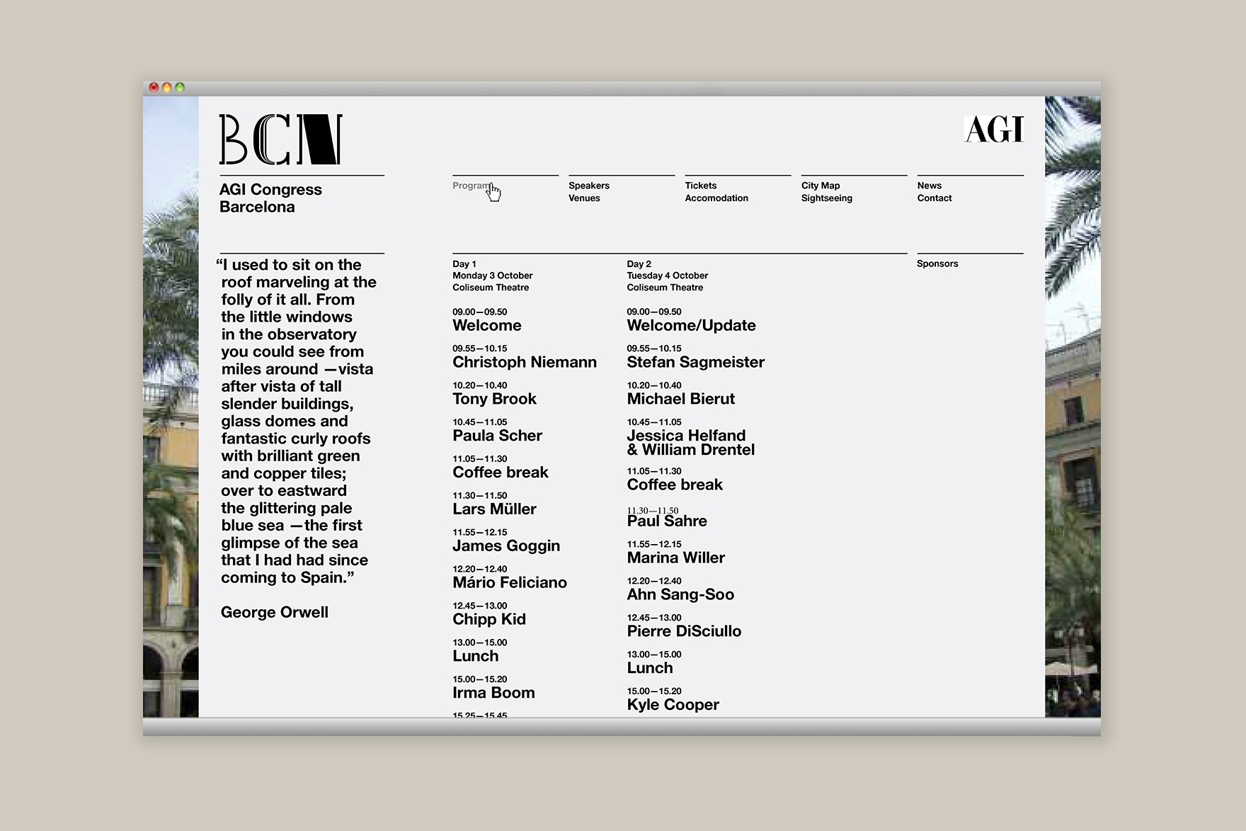 Dise&ntilde;o de la p&aacute;gina de PROGRAMA de la web de AGI CONGRESS BARCELONA. Incluye los ponentes mencionados en la imagen anterior con las fechas y horas de sus ponencias. Dise&ntilde;ado por el estudio de branding y comunicaci&oacute;n Esiete y programado por Sevenap.