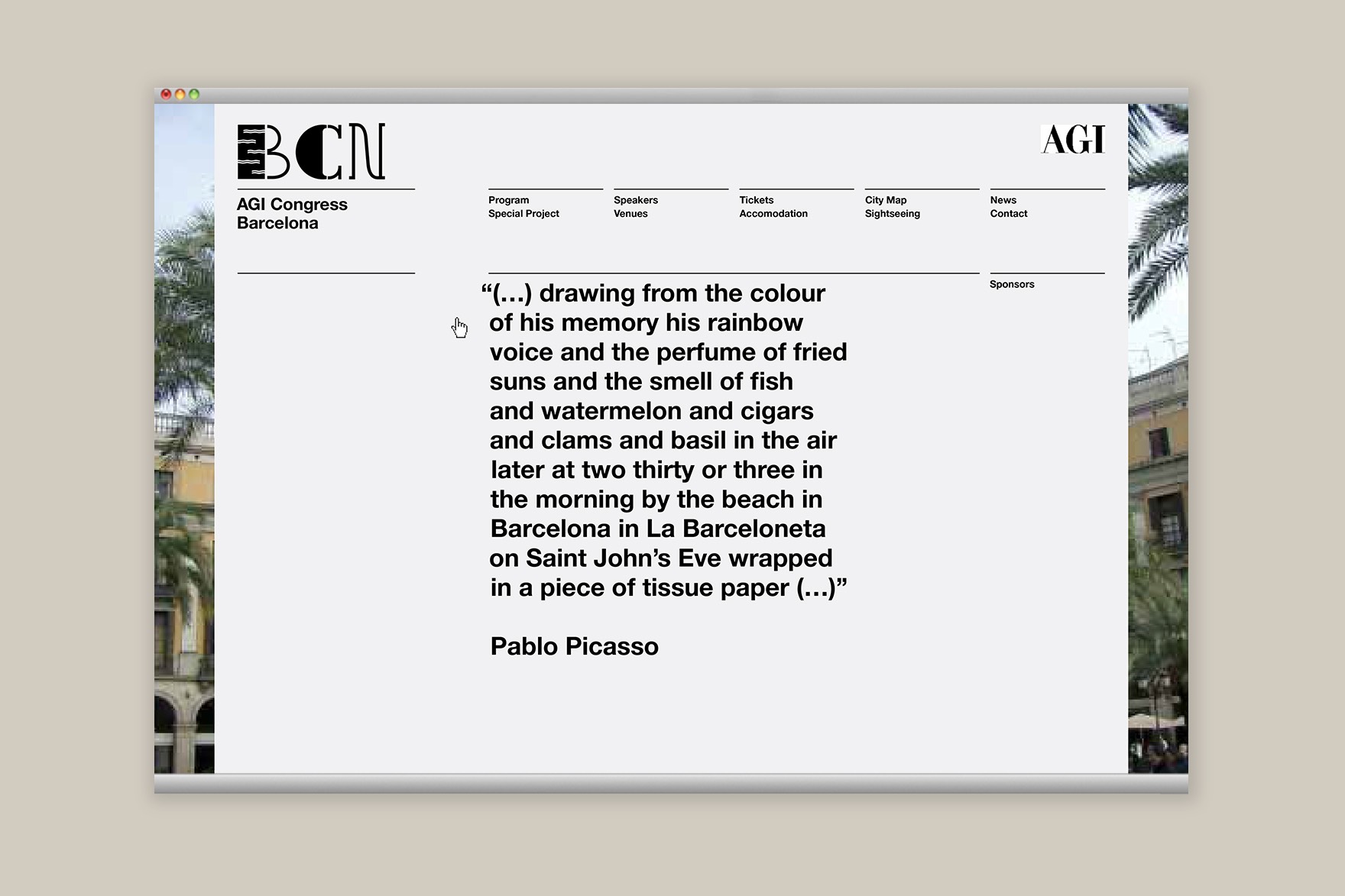 Dise&ntilde;o de p&aacute;gina web que muestra una frase de PABLO PICASSO &ldquo;dibujando del color de su memoria su voz arco iris&hellip;&rdquo; en la web de AGI CONGRESS BARCELONA. Dise&ntilde;ado por el estudio de branding y comunicaci&oacute;n Esiete y programado por Sevenap.