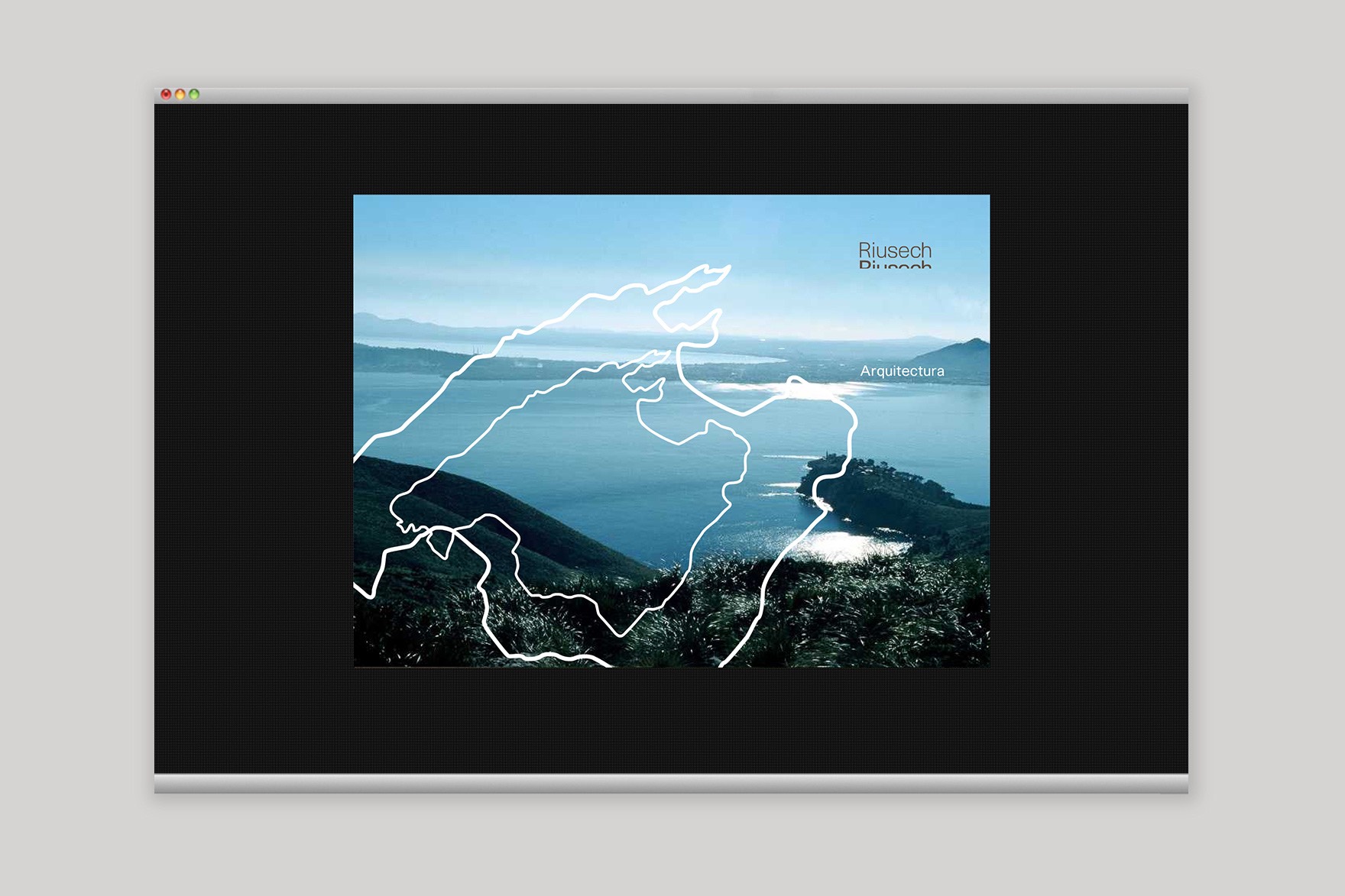 ARCHITECTURE page design RIUSECH GROUP website. Includes Riusech logo, sea mountain image and a white linear abstract shape (like a map) over it. Designed by Esiete branding and communication studio and programmed by sevenap.