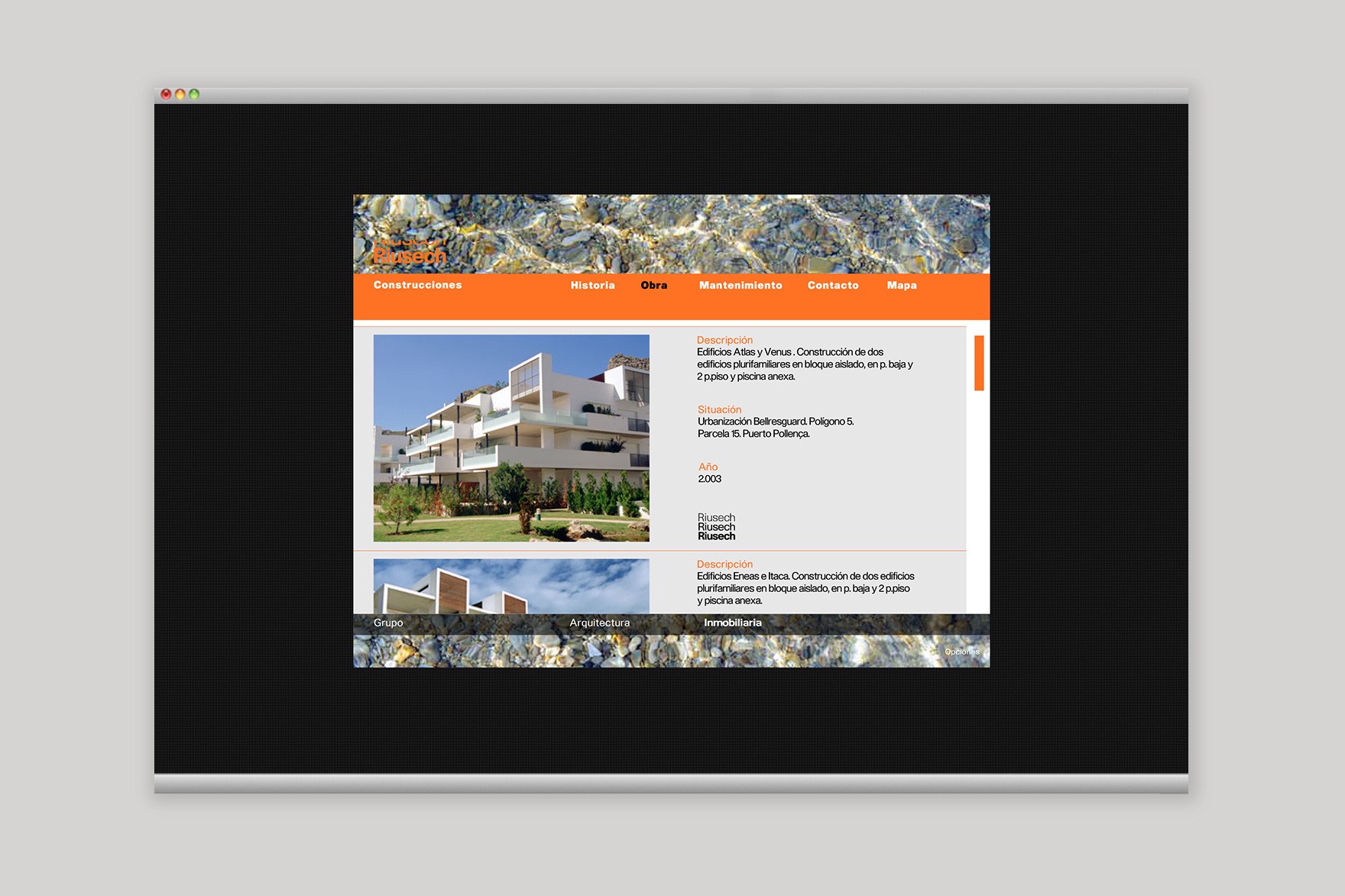 WORK page design of the RIUSECH GROUP website. Includes detailed listing of different buildings, real estate, houses etc that were designed by Riusech. Website designed by Esiete branding and communication studio and programmed by Sevenap.